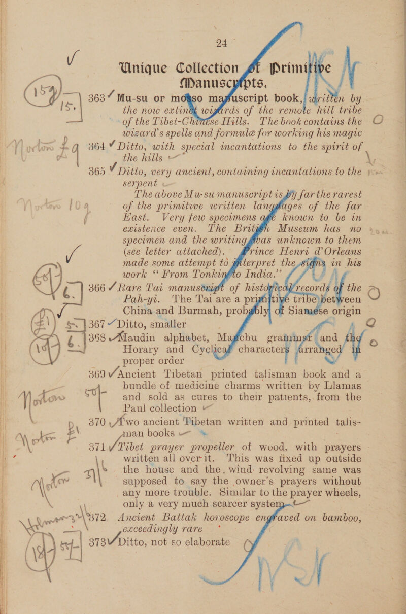    24 of the Tibet-Chintse Halls. The book contains the wizard’s spells and formule for working his magic 364 ¥ Ditto, with special incantations to the spirit of the hills AS iin, 065 * Ditto, very ancient, REARING AOE to the jxe-        serpent + , The above Mu-su manuscript is Py far the rarest [04 ~~ of the primitwe written langgbages of the far ( Hast. Very few specimens known to be wn existence even. The Broty specimen and the writing (see letter attached). made some attenpt to 4g work ‘* From Tonku 1 Museum has no a». was unknown to them rence Henri d’ Orleans      Pah-y. The a are &amp; pri China and Burmah, prob 367 “Ditto, smaller 13468. Alaudin alphabet, May Horary and Cyclic proper order 369V Ancient Tibetan printed talisman book and a af bundle of medicine charms written by Llamas  and sold as cures to their patients, from the Paul collection . 5, 370 two ancient Tibetan written and printed ali pr ° nan books — % . Mie ve \° dil V Tibet prayer propeller of wood, with prayers - written all over it. This was tixed up outside alt the house and the, wind. revolving same was aw supposed to say the owner's prayers without ’ any more trouble. Similar to the prayer wheels, \ only a very much scarcer system~-—~ 7 \\ Aye ro plete Ancient Battak horoscope en raved on bamboo,     exceedingly rare “+ sT3WDitto, not so elaborate 