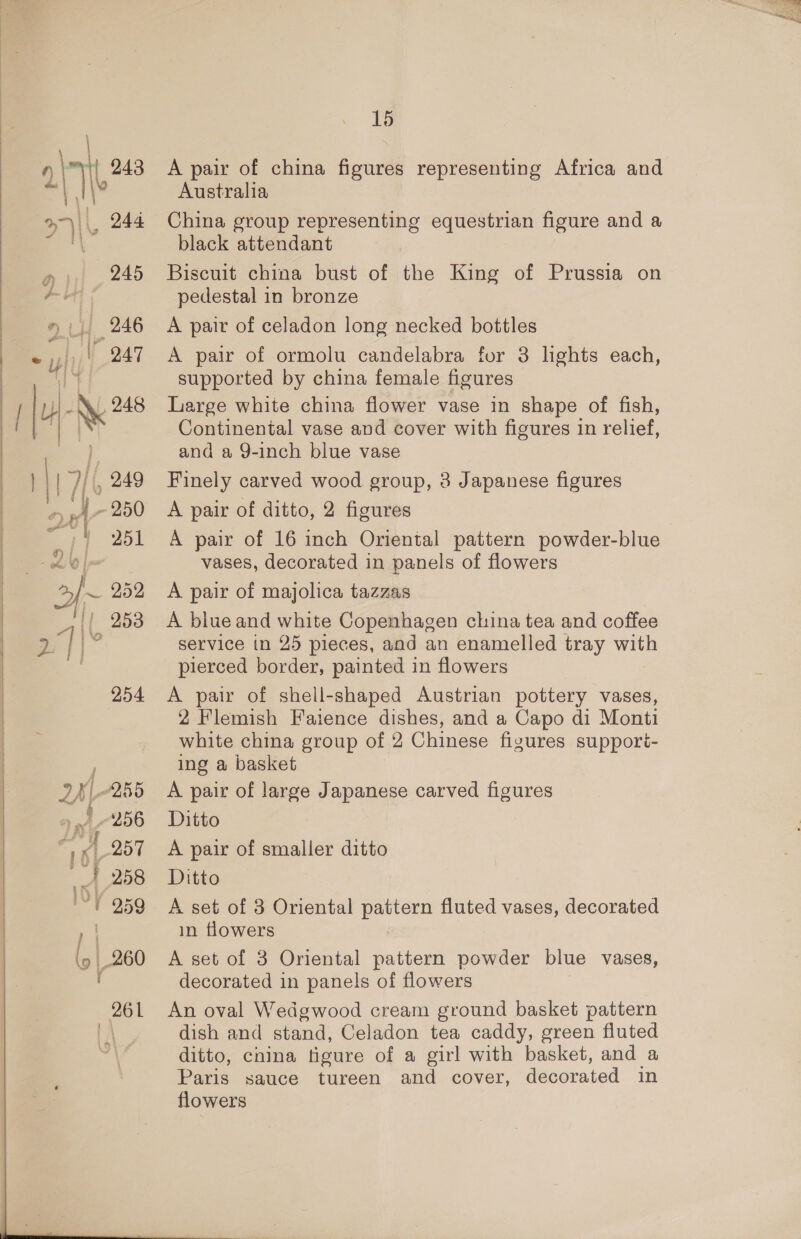 A pair of china figures representing Africa and Australia China group representing equestrian figure and a black attendant Biscuit china bust of the King of Prussia on pedestal in bronze A pair of celadon long necked bottles A pair of ormolu candelabra for 3 lights each, supported by china female figures Large white china flower vase in shape of fish, Continental vase and cover with figures in relief, and a 9-inch blue vase Finely carved wood group, 8 Japanese figures A pair of ditto, 2 figures | A pair of 16 inch Oriental pattern powder-blue vases, decorated in panels of flowers A pair of majolica tazzas A biue and white Copenhagen china tea and coffee service in 25 pieces, and an enamelled tray with pierced border, painted in flowers A pair of shell-shaped Austrian pottery vases, 2 Flemish Faience dishes, and a Capo di Monti white china group of 2 Chinese figures suppori- ing a basket A pair of large Japanese carved figures Ditto A pair of smaller ditto Ditto A set of 8 Oriental pattern fluted vases, decorated in flowers A set of 3 Oriental pattern powder blue vases, decorated in panels of flowers An oval Wedgwood cream ground basket pattern dish and stand, Celadon tea caddy, green fluted ditto, china figure of a girl with basket, and a Paris sauce tureen and cover, decorated in flowers