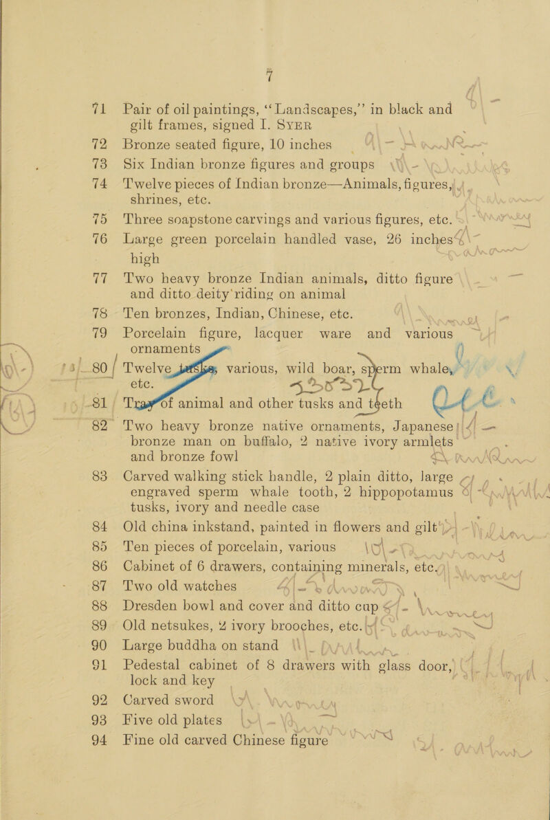 4 71 Pair of oil paintings, ‘‘Landscapes,”’ in black and cilt frames, signed I. SvzeR 72 Bronze seated figure, 10 inches _ 73 Six Indian bronze figures and groups 74 ‘Twelve pieces of Indian bronze—Animals, figures, be shrines, etc. 75 Three soapstone carvings and various figures, etc. 6 76 large green porcelain handled vase, 26 inches“ \~ high pier 2 77 Two heavy bronze Indian animals, ditto figure and ditto deity'riding on animal 78 Ten bronzes, Indian, Chinese, ete. a 79 Porcelain Agune, lacquer ware and various ~ ornaments . 80 Twelve :    various, wild boar, etc. , A&gt; &gt; 82 Two heavy bronze ee ornaments, Japanese | 1 Zan bronze man on buffalo, 2 native ivory = and bronze fowl Rane an 83 Carved walking stick handle, 2 plain ditto, ued Ss we engraved sperm whale tooth, 2 hippopotamus © “Q.\\vv tusks, ivory and needle case Ree 84 Old china inkstand, painted in flowers and gilty&gt;| -\\ 85 Ten pieces of porcelain, various Vwi @ | ? 86 Cabinet of 6 drawers, comp aang minerals, ete. : 87 ‘Two old watches Lh hue % WALD, 88 Dresden bowl and cover and ditto cup 5 “e Wee ee 89 Old netsukes, 4 ivory brooches, etc. by/ $ ov ‘ nes 90 Large buddha on stand 91 Pedestal cabinet of 8 drawers Sir Ae door,) UP Ae lock and key Mi eins 92. Carved sword ee ay 93. Five old plates- -\y4 . ' ak ie