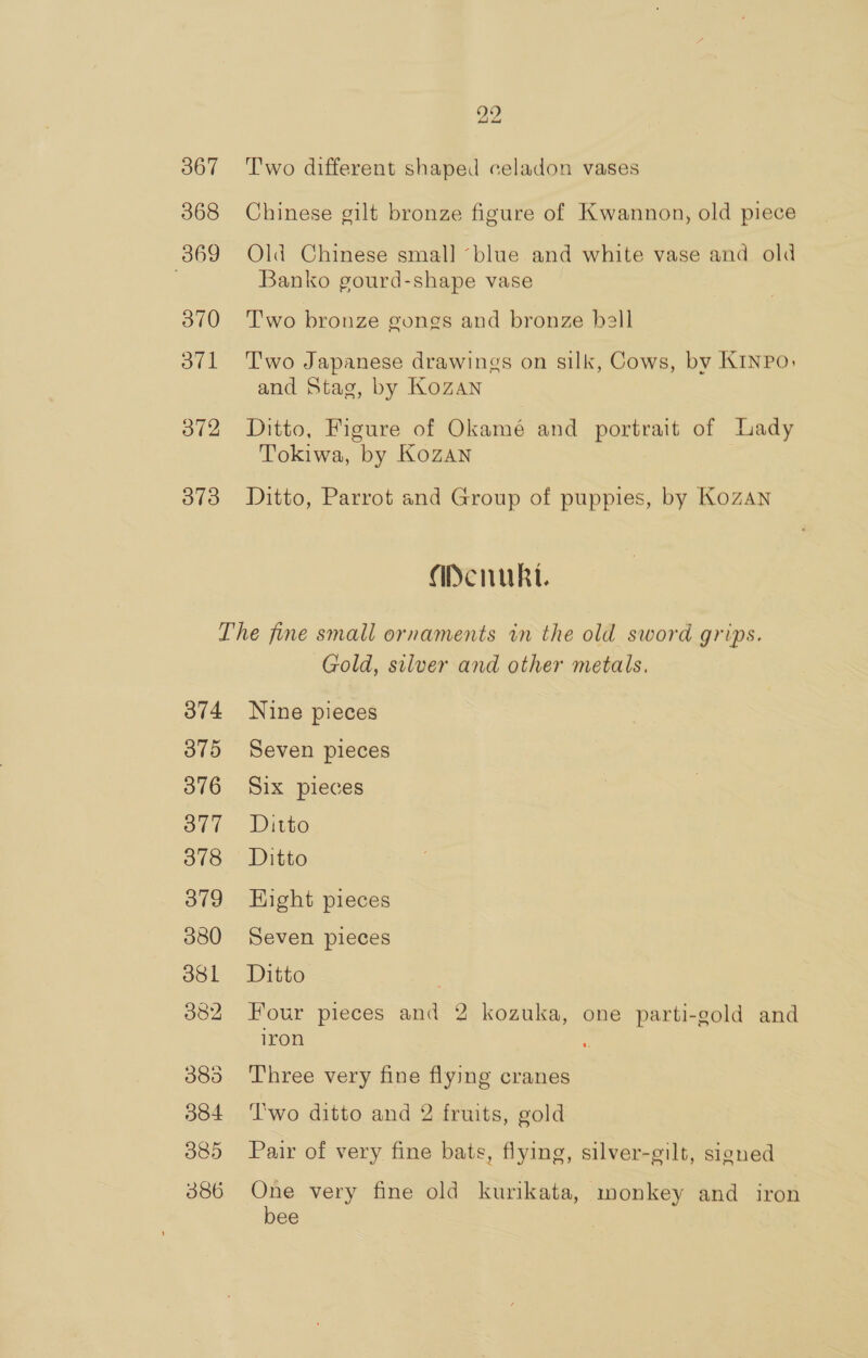 367 Two different shaped celadon vases 368 Chinese gilt bronze figure of Kwannon, old piece 369 Old Chinese small ‘blue and white vase and old | Banko gourd-shape vase 370 Two bronze gongs and bronze ball 371 Two Japanese drawings on silk, Cows, by KINPO; and Stag, by Kozan 372 Ditto, Figure of Okamé and portrait of Lady Tokiwa, by Kozan 373 Ditto, Parrot and Group of puppies, by Kozan daPdcnukt. The fine small ornaments in the old sword grips. Gold, silver and other metals. 374 Nine pieces 3875 Seven pieces 376 Six pieces 3877 Ditto 378 Ditto 3879 Hight pieces 380 Seven pieces 3881 Ditto 382 Four pieces and 2 kozuka, one parti-gold and iron 383 ‘Three very fine flying cranes 384 ‘Two ditto and 2 fruits, gold 385 Pair of very fine bats, flying, silver-gilt, signed 3886 One very fine old kurikata, monkey and iron bee