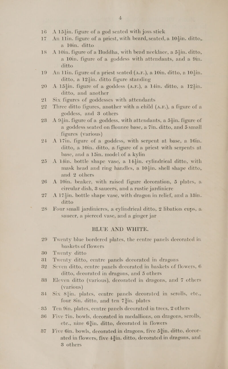 A 15hin. figure of a god seated with joss stick An 1lin. figure of a priest, with beard, seated, a 104in. ditto, a 10in. ditto A 10in. figure of a Buddha, with bead necklace, a 54in. ditto, a 10in. figure of a goddess with attendants, and a Qin. ditto An 11in. figure of a priest seated (A.F.), a 10in. ditto, a 10$in. ditto, a 12din. ditto figure standing A. 154in. figure of a goddess (4.F.), a 14in. ditto, a 12tin. ditto, and another Six figures of goddesses with attendants Three ditto figures, another with a child (4.F.), a figure of a goddess, and 3 others A 9hin. figure of a goddess, with attendants, a 54in. figure of a goddess seated on flounce base, a 7in. ditto, and 5 small figures (various) A 17in. figure of a goddess, with serpent at base, a 16in. ditto, a 10in. ditto, a figure of a priest with serpents at base, and a 15in. model of a kylin A 14in. bottle shape vase, a 144in. cylindrical ditto, with mask head and ring handles, a 104in. shell shape ditto, and 2 others A 10in. beaker, with raised figure decoration, 5 plates, a circular dish, 8 saucers, and a rustic jardiniere A 17iin. bottle shape vase, with dragon in relief, and a 13in. ditto Four small jardinieres, a cylindrical ditto, 2 libation cups, a saucer, a pierced vase, and a ginger jar BLUE AND WHITE. Twenty blue bordered plates, the centre panels decorated in baskets of flowers | Twenty ditto Twenty ditto, centre panels decorated in dragons Seven ditto, centre panels decorated in baskets of flowers, 6 ditto, decorated in dragons, and 5 others Eleven ditto (various), decorated in dragons, and 7 others (various) Six 8lin. plates, centre panels decorated in scrolls, ete., four 8in. ditto, and ten 7#in. plates Ten 9in. plates, centre panels decorated in trees, 2 others Five 7in. bowls, decorated in medallions, on dragons, scrolls, ete., nine 62in. ditto, decorated in flowers Five 6in. bowls, decorated in dragons, five 53in. ditto, decor- ated in flowers, five 42in. ditto, decorated in dragons, and 3 others