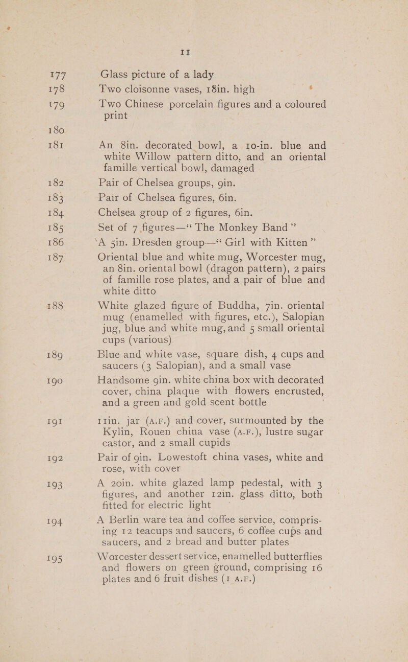 177 178 e79 180 ISI 188 189 Igo IgI 1g2 193 194 ao Et Glass picture of a lady Two cloisonne vases, 18in. high Two Chinese porcelain figures and a coloured print An 8in. decorated bowl, a t1o-in. blue and white Willow pattern ditto, and an oriental famille vertical bowl, damaged Pair of Chelsea groups, gin. Pair of Chelsea figures, 6in. Chelsea group of 2 figures, 6in. Set of 7 figures—‘‘ The Monkey Band ”’ Oriental blue and white mug, Worcester mug, an 8in. oriental bowl (dragon pattern), 2 pairs of famille rose plates, and a pair of blue and white ditto White glazed figure of Buddha, 7in. oriental mug (enamelled with figures, etc.), Salopian jug, blue and white mug, and 5 small oriental cups (various) Blue and white vase, square dish, 4 cups and saucers (3 Salopian), and a small vase Handsome gin. white china box with decorated cover, china plaque with flowers encrusted, and a green and gold scent bottle Ilin. jar (A.F.) and cover, surmounted by the Kylin, Rouen china vase (a.F.), lustre sugar castor, and 2 small cupids Pair of gin. Lowestoft china vases, white and rose, with cover figures, and another 12in. glass ditto, both fitted. for electric heht.~ A Berlin ware tea and coffee service, compris- ing 12 teacups and saucers, 6 coffee cups and saucers, and 2 bread and butter plates Worcester dessert service, enamelled butterflies and flowers on green ground, comprising 16