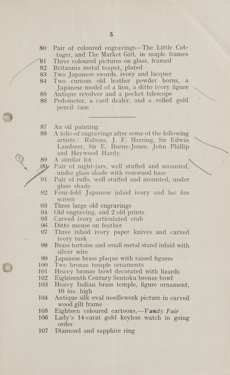 80 81 82 83 84 85 86 87 88 Q 89 .. 90 ’ eal 92 93 94 95 96 oF 98 99 100 101 102 103 104 105 106 107 5 Pair of coloured engravings—The Little Cot- tager, and The Market Girl, in maple frames Three coloured pictures on glass, framed Britannia metal teapot, plated Two Japanese swords, ivory and lacquer Two curious old leather powder horns, a Japanese model of a lion, a ditto ivory figure Antique revolver and a pocket telescope Pedometer, a card dealer, and a rolled gold pencil case An oil painting A folio of engravings after some of the following artists: Rubens; j..,8, Hering, sic Vdwin Landseer, Sir E. Burne-Jones, John Phillip and Heywood Hardy Se under glass shade with rosewood base Pair of ruffs, well stuffed and mounted, under glass shade Four-fold Japanese inlaid ivory and lac fire screen ‘ Three large old engravings Old engraving, and 2 old prints Carved ivory articulated crab Ditto mouse on feather Three inlaid ivory paper knives and carved ivory tusk Brass tortoise and small metal stand inlaid with silver wire Japanese brass plaque with raised figures Two bronze temple ornaments Heavy bronze bowl decorated with lizards Eighteenth Century Sentoku bronze bowl Heavy Indian brass temple, figure ornament, 10 ins. high Antique silk oval needlework picture in carved wood gilt frame Eighteen coloured cartoons,—Vamity Fair Lady’s 14-carat gold keyless watch in going order Diamond and sapphire ring