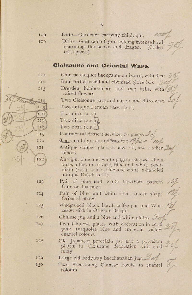 ot 109 Ditto—Gardener carrying child, gin. “98 vm I1O Ditto—Grotesque figure holding incense howl 2d charming the snake and dragon. (Collec- Pa at tor’s piece.) é Cloisonne and Oriental Ware. IIt Chinese lacquer backgammon board, with dice // a / 112 ‘Buhl tortoiseshell and ebonised glove box of, ¢ IT3 Dresden bonbonniere and two bells, with// OG/ raised flowers / Two Cloisonne jars and covers and ditto vase Sot Two antique Persian vases (a.F.) ( Two ditto ome * Two ditto (a. Two ditto (a.F. - Continental dessert service, 10 asia oy, men, small figures and“re.ditto Ah pa “Yop. Antique copper plate, bronze lid, and 2 other Los pieces ? An 84in. blue and white pilgrim-shaped china vase, a 6in. ditto vase, blue and white jardi- niere (a.F.), anda blue and white 2-handled antique Dutch kettle  123 Pair of blue and white hawthorn pattern /S- Chinese tea-poys “ ' By 124 Pair of blue and white 1oin. saucer shape TL yf Oriental plates P25 Wedgwood black basalt coffee pot and Wor- LY - cestér dish in Oriental design Px 126 Chinese jug and 2 blue and white plates Yo 4 - 127 Two Chinese plates with decoration in cordl G/ pink, Dee icy blue and im;erial yellow °* “/- enamel colours é 128 Old Japanese porcelain jar and 3 porcelain 2 at plates, in Cloisonne decoration with gold=“ 9/. inlay Ve f 129 Large old Ridgway bacchanalian jug.ef Lala . ° . f \/ 130 Two Kien-Lung Chinese bowls, in enamel 4. colours /