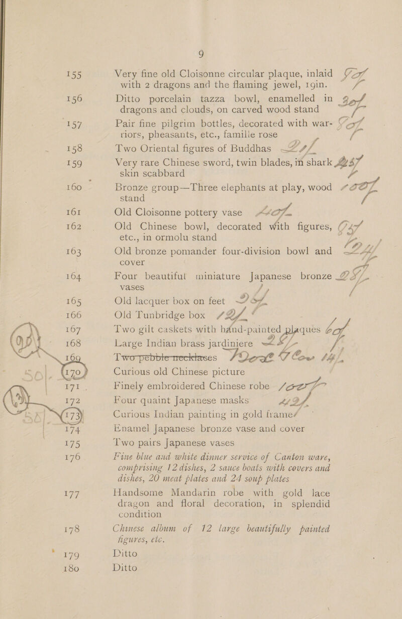 155 156 157 158 noo 160  179 9 Very fine old Cloisonne circular plaque, inlaid [ZA with 2 dragons and the flaming jewel, 1gin. &gt; Ditto porcelain tazza bowl, enamelled in g,/ dragons and clouds, on carved wood stand re Pair fine pilgrim bottles, decorated with war- Sof riors, pheasants, etc., famille rose i Two Oriental figures of Buddhas ZL) f Very rare Chinese sword, twin isda! if shark M57 skin scabbard - Bronze group—Three elephants at play, wood “2@7 stand Old Cloisonne pottery vase Ao. Old Chinese bowl, decorated with figures, C47 etc., in ormolu stand WZ Sp OP fe; Old bronze pomander four-division bowl and a hy cover fs Four beautiful miniature as bronze LS vases Old lacquer box on feet I, a Old Tunbridge box /@/ * Two gilt caskets with none -painted @) rd Large Indian brass jardiniere ven oe / : Trorpebbiemeckiaces POea? (Sow suf Curious old Chinese picture Finely embroidered Chinese robe /oOv” Four quaint Japanese masks PIES A Curious Indian painting in gold frame/ Cd ee ‘a   Enamel Japanese bronze vase and cover Two pairs Japanese vases fine blue and white dinner service of Canton ware, comprising 12 dishes, 2 sauce boats with covers and dishes, 20 meat plates and 24 soup plates Handsome Mandarin robe with gold lace dragon and floral decoration, in splendid condition | Chinese album of 12 large beautifully painted figures, etc. Ditto