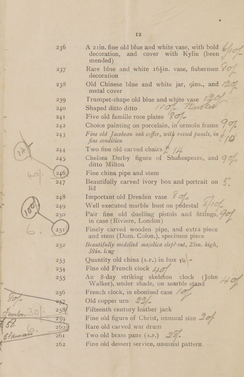 236 437] 238 439 240 241 242 . ee)  253 254 255 256 L, ee Cc = alee 5 8f a he oe: ners 961 262 12 A 2r1in. fine old blue and white vase, with bold g._. decoration, and cover with Kylin (been /° “/= mended) Rare blue and white 164in. vase, fishermen decoration / ag, “* XY 7 wae Old Chinese blue and white jar, gins., and 424 metal cover f Trumpet-shape old blue and white vase f: FF Shaped ditto ditto - COL. A etl Cage Five old famiile rose plates g 7s F oF Choice painting on porcelain, in ‘ormolu frame Fad Fine old Jacobean oak coffer, Mk 4 vaised panels, in Zz _ a jine condition 7 uf fa Two fine old carved obeue EL LAL Chelsea Derby figure of CShakeaneak and 9g ditto Milton Fine china pipe and stem Beautifully carved ivory box and portrait on a lid . ‘ Important old Dresden vase ¥ &lt;7, 7 2 j £ OP Well executed marble bust on pédestal B/1OL Pair fine old duelling pistols and fittings, Gof in case (Riviere, London) (- Finely carved wooden pipe, and extra piece and stem (Dom. Colon.), specimen piece Beautifully modelled majolica oR 25m. high, 39in. long Quantity old china (a.F.) in. box yy) Fine old French clock Lop An 8-day striking Belton? clock (John-~/7 pea” Walker), under shade, on a ae ra P French clock, in ebonised case /“¢ iS Old copper urn LY, a Fifteenth century leather jack Fine old figure of Christ, unusual size 2 of ¢ Rare old carved war drum Two old brass pans (a.F.) 2Y/, - Fine old dessert service, unusual pattern