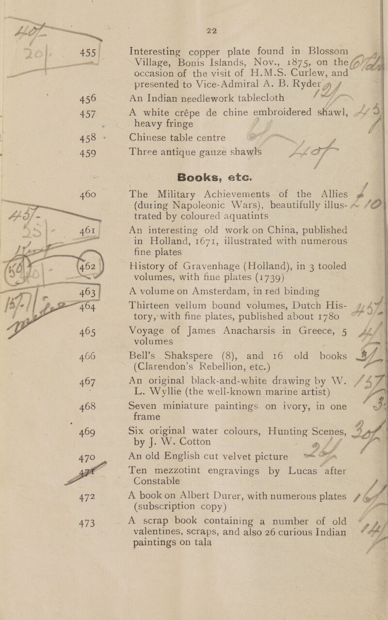 455) 456 457 , Ae Ma oS)  468 469 470 472 473 22, Interesting copper plate found in Blossom Village, Bonis Islands, Nov., 1875, on the /p/7, occasion of the visit of H.M.S. Curlew, and” * presented to Vice-Admiral A. B. Ryder’ f An Indian needlework tablecloth ead fan A white crépe de chine embroidered hora a Af heavy fringe Chinese table centre iin. ay , Three antique gauze shawls JLLOf &gt; ff é Books, etc. ; The Military Achievements of the Allies (during Napoleonic Wars), beautifully ulis= 4 Ke ff trated by coloured aquatints An interesting old work on China, published in Holland, 1641, illustrated with numerous fine plates History of Gravenhage (Holland), in 3 toahsa volumes, with fine plates (1739) A volume on Amsterdam, in red binding Thirteen vellum bound volumes, Dutch His- Le tory, with fine plates, published about 1780 f Voyage of James Anacharsis in Greece, 5 yy volumes jf bells; Shakspere (8), and 16, old books I (Clarendon’s Rebellion, etc.) “i An original black-and-white drawing by W. 44 L. Wyllie (the well-known marine artist) | Seven miniature paintings on ivory, in one frame 4 Dix ag water colours, Hunting erage we, Cy &amp; Ten mezzotint engravings ee Lucas ae Constable A bock on Albert Durer with numerous ples / 6 6 (subscription copy) | A scrap book containing a number of old valentines, scraps, and also 26 curiousIndian * paintings on tala J ,