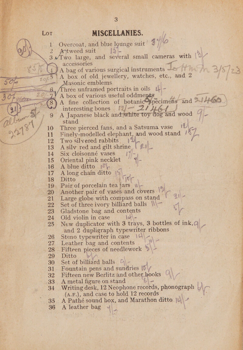   3 _ MISCELLANIES. me payed, Overcoat, and blue lounge suit S7/? 2 poytweed suit a | hi: wo large, and several small cameras. with | accessories es »~ 4A bag of various surgical instruments 2s)? | ope A box of old jewellery, watches, etc., ghh 2 eege asonic emblems “hree unframed portraits in oils ut} - A box of various useful oddme 3 me ) A fine collection of botanic specimens Zina 9 “a 5 \ interesting bones. f¥je 2/7 } im: A Japanese black anceivhite toy Og and wood MN om stand rf Three pierced Be and a Satsuma vase i, 7 Finely-modelled elephant, and wood stand / i Zs aes 12 Two silvered rabbits a. ! / 13 Asilv red and gilt shrine. &amp; 14 Six cloisonné vases |/~, 15 Oriental pink necklet © ¥'- AS. A blue ditto 1 - dm 17. Along chain ditto * 4) ? 18 Ditto ai ry 19 Pair of porcelain tex jars ale | 20 Another-pair of vases. and covers. - ich 21 Large globe with compass on stand. qi. 7 i} ee t _ 22 Set of three ivory billiard balls \\~ 4 23 Gladstone bag and contents &gt; e 24 Old violin in case W\- 25 New duplicator with 3 trays, 3 bottles of ink,Q. a _ and 2 dupligraph typewriter ribbons vf - 26 Steno typewriter in case \th\ ’ 27 Leather bag and contents ra is » 28... Fifteen pieces of needlework “' - 29 Ditto wy 30. Set of billiard balls, &amp;\ J 31. Fountain pens and sundries |) \/ pa 32 Fifteen new Berlitz and py Bepwoak AV 4 33 A metal figure on stand a 34 Writing desk, 12 Neophone acer: phonograph |, é (A.F.), and case to hold 12 records 35. A Pathé sound Wis and Marathon ditto wy a — 36 A leather bee | i: