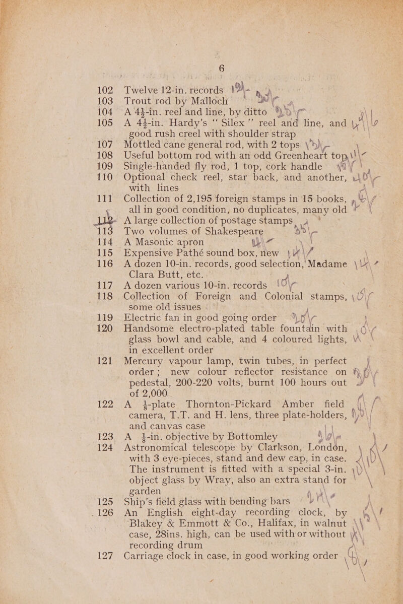 102 103 104 105 107 108 109 110° 111 113. 114 115 116 117 18 119 120 121 122 123 124 125 126 127 6 Twelve 12-in. iestds 1D). ye Trout rod by Malloch’ *) Wit, A 4}-in. reel and line, by ditto oy | \ | A 41 1-in. Hardy’s ‘‘ Silex” reel and line, and 4 \\ good rush creel with shoulder strap Mottled cane general rod, with 2 tops. \)) 7 Useful bottom rod with an odd Greenheart top} s Single-handed fly rod, 1 top, cork handle Wilf ' Optional check reel, star back, and another, v4 ue with lines | Collection of 2,195 foreign stamps in 15 books, nV \y all in good condition, no duplicates, many old * | A large collection of postage stamps 4 * Two volumes of Shakespeare \e A Masonic apron W\  Expensive Pathé sound box, new | K\/ \ A dozen 10-in. records, good selection, ‘Madame \l¥\ 7 Clara Butt, etc. d\ A dozen various 10-in. records | Collection of Foreign and Colonial stamps, 1) some old issues «| Electric fan in good going order °) \ Handsome electro-plated table fountain with ,6\/ glass bowl and cable, and 4 coloured lights, | in excellent order Mercury vapour lamp, twin hee in perfect order; new colour reflector resistance on RH H\ f Via / e pe pedestal, 200-220 volts, burnt 100 hours out of 2,000 A 4-plate Thornton-Pickard Amber field | \\\ / camera, T.T. and H. lens, three plate- Avo y Nye\/ and canvas case | | A #-in. objective by Bottoniley 4 | oe \ Astronomical telescope by Clarkson, London, V.&lt;ckZ with 3 eye-pieces, stand and dew cap, in case. &lt;\ \\ The instrument is fitted with a special 3-in. \\)\ \ object glass by Wray, also an extra stand for ° | garden § \a\ 9 Ship’s field glass with bending bars © 4'\\ \ An English eight-day recording clock, by. fa) t Blakey &amp; Emmott &amp; 'Co., Halifax, in walnut | case, 28ins. high, can be used with or without K\ recording drum A Carriage clock in case, in good working order 0 : £ ‘ \