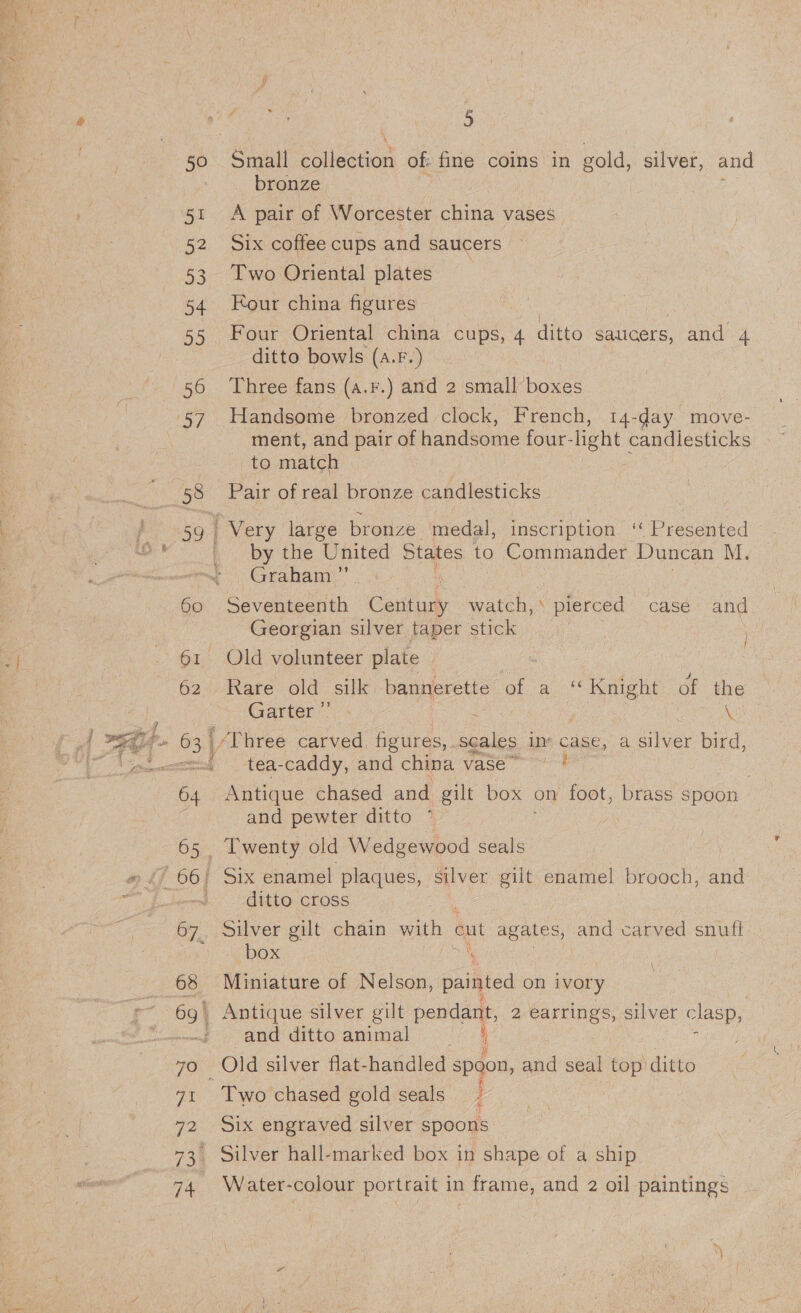  &gt; MY 50 51 52 53 cm 55 56 58 60 62 1% +o oS Tok 72 5 bronze A pair of Worcester china vases Six coffee cups and saucers Two Oriental plates Rour china figures Four Oriental china cups, 4 ditto saucers, and 4 ditto bowls (a.F.) Three fans (a.r.) and 2 small boxes ment, and pair of handsome four-light candlesticks to match | Pair of real bronze candlesticks — | Very large bronze medal, inscription “Presented by the United States to Commander Duncan M. Graham ” Georgian silver taper stick i Old volunteer plate ‘ Rare old silk bannerette of a “Knight of me Garter ” ‘Three carved figures, scales in’ case, a silver ae tea-caddy, and china vase” Antique chased and gilt box on foot, brass spoon | and pewter ditto * Twenty old Wedgewood seals Six enamel plaques, silver gilt enamel brooch, and: ditto cross Silver gilt chain wat cut agates, and carved snutfl box % Miniature of Nelson, painted on ivory _ Antique silver gilt pendant, 2 earrings, silver clasp, and ditto animal ; - Old silver flat-handled spoon, and seal top) ditto Two: chased gold seals } Six engraved silver spoons Silver hall-marked box in shape of a ship