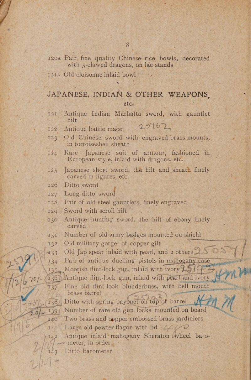 toa Pair. fine quality Ghindees rice, bowls, decorated with 5-clawed dragons, gn lac. stands gata Old cloisonne inlaid bowl ans ® JAPANESE, INDIAN 6 &amp; OTHER WEAPONS, | * etc. 121 mullahs Indian Marhatta ew atdy with gauntlet Hite 7) ha 122 Antique battle mace 207 oD 123. Old Chinese sword sith engraved brass mounts, Pee in tortoiseshell sheath 124. Rare Japanese suit of armour, fashioned : “European style, inlaid with dragons, etc. 125 Japanese short sword, the hilt and, sheath finely ~ carved in figures, etc. } | 126 Ditto sword 3 | | 127 Long ditto erick 128 Pair of old steel gauntlets, finely engraved .129.. Sword with scroll hilt 130 Antique: hunting sword. the hilt ‘of ebony fcr carved | 131 Number of old army badges. mounted on shield RS Sig a ee \ eesntenne 132 Old military gorget of copper gilt aber et ys 5 Ne -#33 Old Jap spear inlaid with pearl, and 2 othersa2. 5 ¢ a SY | foie Daa errs dpieiecn sect Pair of antique duelling pistols in aera gle Case eo ae lock un, inlaid wie | EBs 1 4 bey      7, : Bane old aint. look blunderbuss, with bell ‘eit sar thine. brass barrel \ Pe ee ant RIS 5) Ditto with Spne ate Bp of paris Mi A gt 141. Large old pete es with lid Lp | ated a nk [3p phate inlaid‘ mahogany Sheraton bree! baro- LP )8] mer meter, “in orders * Aya poets 143 Ditto. barometer ; wet :