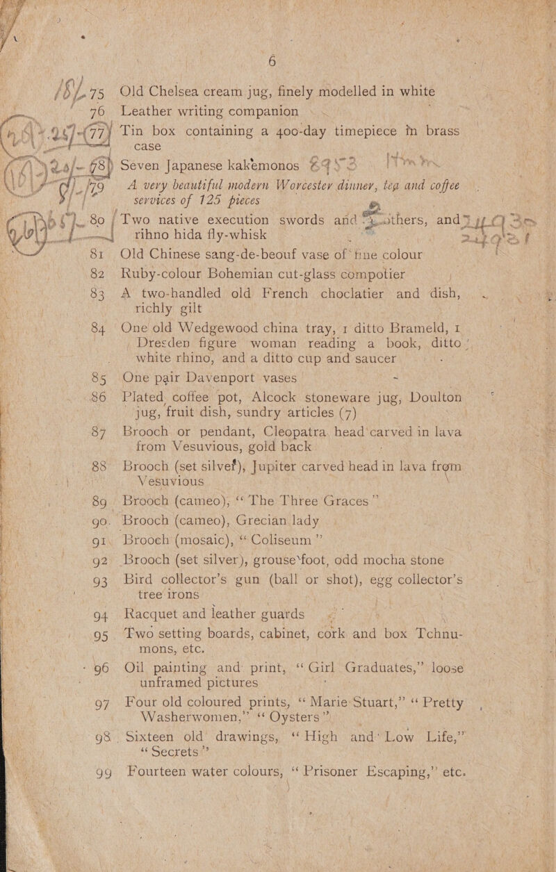 é iy 75 Old Chelsea cream jug, finely modelled in white 76 Leather writing companion ay 2) (77) Tin box containing a 400-day timepiece in brass ‘ Ve Case /\™ 24- 48 ) Seven Japanese kakemonos £4 , ‘Gl fs A very beautiful modern Worcester oie. beg and coffee ves services of 125 pieces e. Riad 80 | ‘Two native execution swords and Sathers, andy. Se | ash uf    4 laa a    MY ‘ee t | ¢ i a *, mt, it rihno hida fly-whisk 2. 44.9 81 Old Chinese sang- de-beouf vase of We colour 82 Ruby-colour Bohemian cut-glass compotier i 83 A two-handled old French choclatier and dish, yg richly gilt 84 ‘One old Wedgewood dina tray, 1 ditto Brameld, 1 , Dresden figure woman reading a_ book, ditto’ ; white rhino, and a ditto cup and saucer 85 One pair Davenport vases ~ 86 Plated coffee pot, Alcock stoneware jug, Doulton : jug, fruit dish, sundry articles (7) 87 Brooch or pendant, Cleopatra. head'carved in lava from Vesuvious, gold back. Ba, - 88 Brooch (set silvet), Jupiter carved head in lava oe an Vesuvious 89 Brooch (cameo), ‘* The ‘Tikes Graces ” | go. ‘Brooch (cameo), Grecian lady gl. ‘Brooeh (mosaic), me Coliseum g2 Brooch (set silver), grousefoot, odd mocha stone 93 Bird collector's gun Cee or shot), egg collector’s tree irons | : ~ 94 Racquet and leather nied: 95 Two setting boards, cabinet, cork and box Tehnu- e\ MONS FerC. - 96 Oil painting and print, “Girl Graduates,” loose unframed pictures ; 97 Four old coloured prints, “ Marie Stuart,” “ Pretty \... Washerwomen,’ ** Oysters” ~g8. Sixteen old drawings, ‘‘ High and: Low fife” “¢ Secrets” gg Fourteen water colours, “ Prabaer Escaping. etc. \ )