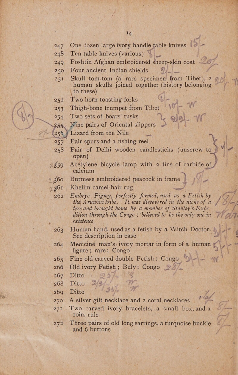 247 248 249 abt  264 265 266 267 268 269 270 271 272 14 One dozen large ivory handle table knives fai- Ten table knives (various) \, _, iy’ Poshtin Afghan embroidered sheep-skin coat LOT Four ancient Indian shields Qj} : f. | Skull tom-tom (a rare specimen from Tibet), 2 Or human skulls joined together re ea belonging eh to these) ; Two horn toasting forks ‘bie Thigh-bone trumpet from Tibet Two sets of boars’ tusks YL ola ~AL a w Serena ) ‘Y « ry As | Pair of Delhi wooden candlesticks (unscrew to. i “\e open) Vj Acetylene bicycle lamp with 2 tins of carbide of} calcium : A i > ° . y Burmese embroidered peacock in frame bo Ge ere Khelim camel-hair rug sees J | Embryo Pigmy, perfectly formed, used as a Fetish by 7G 7 the Avuwint tribe. It was discovered in the utche of a ff Df tree and brought home by a member of Stanley's Expe- p dition through the Congo ; ‘belreved to be the only one in ;) “ existence Human hand, used as a fetish by a Witch Doctor. N a é See description i incase © (a. Medicine man’s: ivory mortar in form ofa Ratna 4 : sr figure ; rare; Congo rie r Fine old carved double Fetish ; Congo. ty pa one aie Old ivory Fetish ; hee Congo OF7. Ditto 3. 59 yf, : Ditto 497. 7 Ditto . ‘iw. b< a, A silver gilt necklace and 2 coral necklaces | “4 Two carved ivory bracelets, a small box, dnd a Of— Ioin. rule. <<” Three pairs of old long earrings, a turquoise buckle i ee