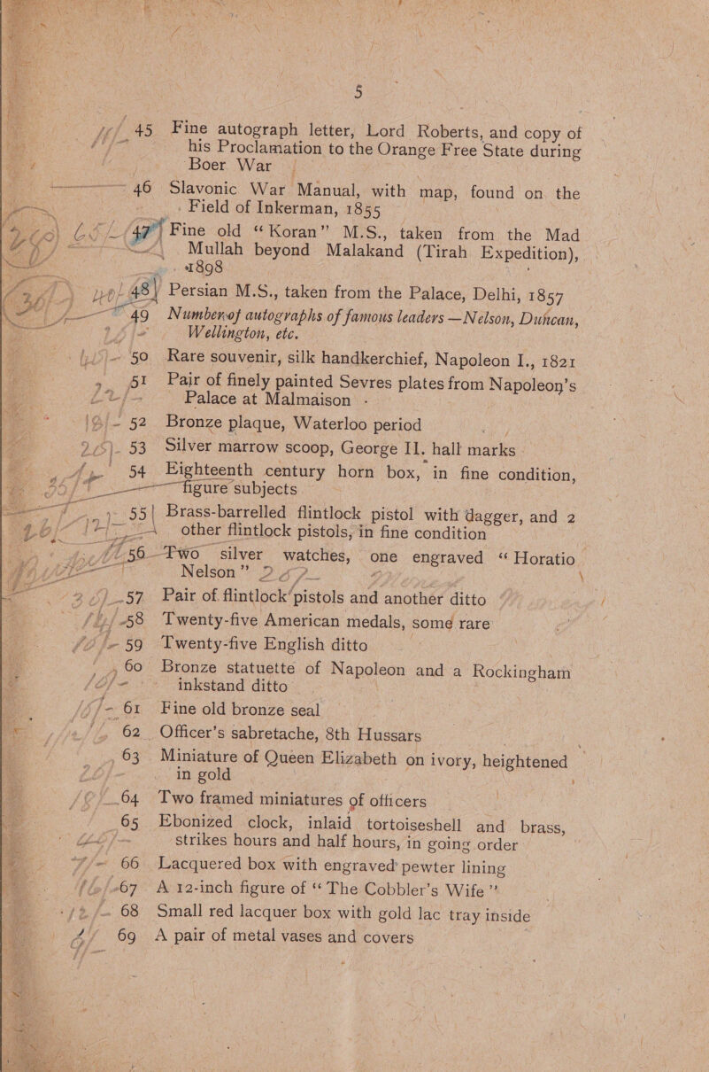 Ra * his Proclamation to the Orange Free State during ‘Boer War - 46 Slavonic War Manual, with map, found on. the . Field of Inkerman, 1855 _ (gp Fine old “Koran” M.S., taken from the Mad ~.<. . Mullah beyond Malakand (Tirah Expedition), . 1898 i yee Persian M.S., iaken from the Palace, Delhi, 1857 “49 Numbercof autographs of famous leaders —Nelson, Duncan, Wellington, etc. iS 50 Rare souvenir, silk handkerchief, Napoleon I., 1821 51 Pair of finely painted Sevres plates from Napoleon’s 54 Eighteenth century horn box, in fine Soe, ~~. other flintlock pistols, in fine condition og 9 ba , 60 Bronze statuette of Neen and a Rockingham 62 Officer’s sabretache, 8th Hussars 63 Miniature of Queen Elizabeth on ivory, héiehtened - in gold strikes hours and half hours, in going order 69 A pair of metal vases and covers \