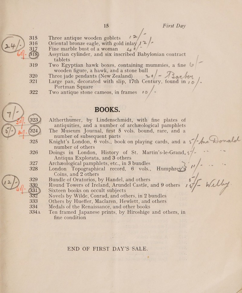o- 315. Three antique wooden goblets /*™/ : ( 2Yy /. 316 Oriental bronze eagle, with gold inlay, ie fe, 37 Fine marble bust of awoman = éy 6/ rai : G4]. 318} Assyrian cylinder, and six inscribed Babylonian contract ve , tablets 319 Two Egyptian hawk boxes, containing mummies, a fine wooden figure,a hawk, andastone bull /; ox. / 320 Three jade pendants (New Zealand) wI/- AS Om 321 Large pan, decorated with slip, 17th Century, facne nso 0 | Portman Square / 322 Two antique stone cameos, in frames #@/ * 7 BOOKS. Altherthumer, by Lindenschmidt, with fine plates of antiquities, and a number of archeological pamphlets The Museum Journal, first 5 vols. bound, rare, and a number of subsequent parts /; oy et Knight’s London, 6 vols., book on playing cards, and a 3/-fme “kronatey number of others 326 Doings in London, History of St. Martin’ ny ae au ae Antiqua Explorata, and 3 others cae 327 Archeological pamphlets, etc., in 3 bundles ae J. g (328 London Topographical record, 6 vols., finipht ele   - Coins, and 2 others ~ | ss | @) 329 Bundle of Oratorios, by Handel, and others 4 f | 33 Round Towers of Ireland, Arundel Castle, and 9 es 147, d). aL) Sixteen books.on occult subjects — Novels by Wilde, Conrad, and others, in 2 piitated 333 Others by Hueffer, Maclaren, Hewlett, and others 334 Medals of the Renaissance: and other books 334A Ten framed Japanese prints, by Hiroshige and others, in fine condition END OF FIRSTADAY 'S'SALE: