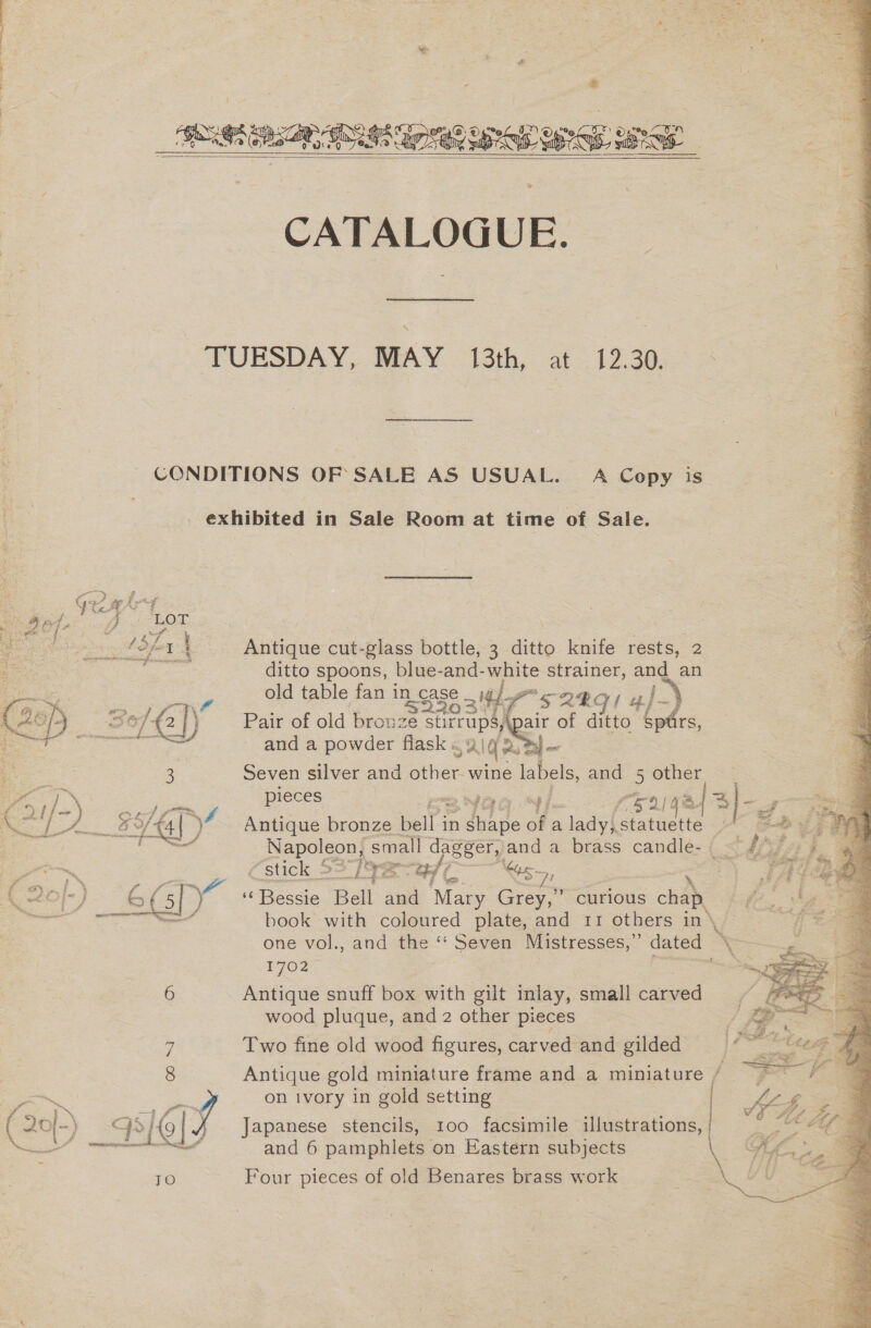 ee   CATALOGUE. Sy 1% | le}: 148) Antique cut-glass bottle, 3 ditto knife rests, 2 ditto spoons, blue-and- ie strainer, and an old table fan in pGnee 5 aly S2RG/ u}-) Pair of old bronze rp eae of ditto “bolts, and a powder flask . ie a j a Seven silver and other wine labels, and 5 other pieces ae Fi es 2 {@ =| Antique bronze ae in tiie of a ladyt statuette . : rare ~ ie “stick S37]§ eae Lac ‘Bessie Bell and ‘Maty Grey,’ curious chap book with coloured plate, and 11 others in Rie2 Antique snuff box with gilt inlay, small carved wood pluque, and 2 other pieces Two fine old wood figures, carved and gilded Antique gold miniature frame and a miniature on ivory in gold setting © Japanese stencils, 100 facsimile illustrations, | and 6 pamphlets on Eastern subjects Four pieces of old Benares brass work }—  