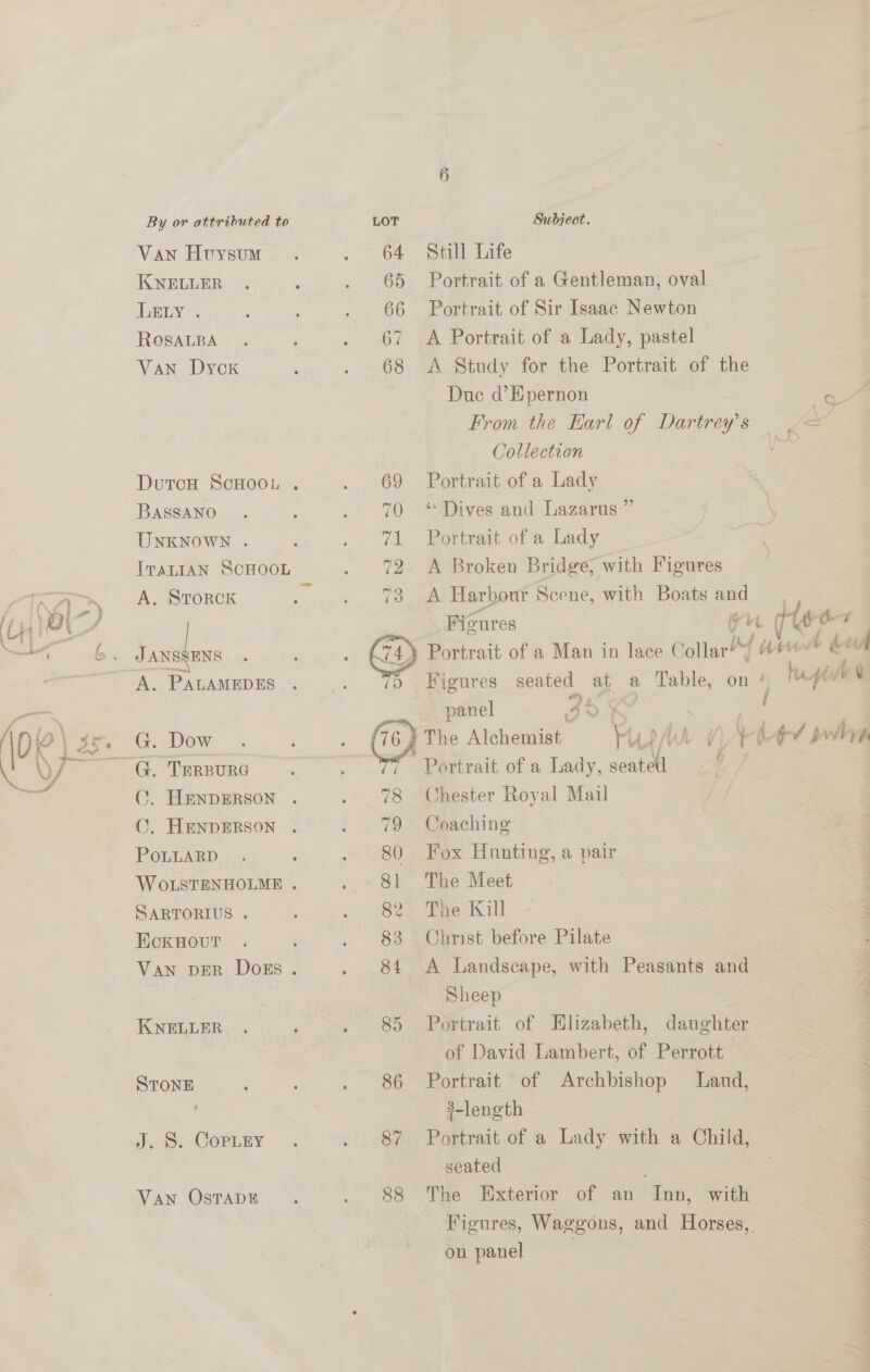 Van Huysum. . - 64 Stil lite KNELLER . ; . 65 Portrait of a Gentleman, oval AGELY : ; ‘ . 66 Portrait of Sir Isaac Newton ROSALBA . ‘ . 67 A Portrait of a Lady, pastel Van Dyck ; . 68 A Study for the Portrait of the  Due d’Epernon oa From the Earl of Dartrey’s ; Collection | DutcH SCHOOL . . 69 Portrait of a Lady Bassano. : . 70 Dives and Lazarus ” UNKNOWN . : . Wi Portree of a hady Iranian ScHooL . 72 A Broken Bridge, with Figures A. STORCK . . 78 A Harbour Scene, with Boats and ? Figures ag Hee 73 6. JANSSENS | ¥ Portrait of a Man in lace C ollar’? | han Me dict ‘A. PALAMEDES Figures seated at a Table, on ‘ Agi’ X panel 3h _ ees G. Dow . . . (The Alchemist \ipit ¢) -b-+4 shed G. TrrBure. Portrait of a Lady, ates Fy (©. HENDERSON . 78 Chester Royal Mail C. HENDERSON . . 79 Coaching POLLAED > : . 80 Fox Hunting, a pair 3 WotsteNHOLME. . 81 The Meet : SARTORIUS . ; ; 2 The Kill 4 EcKHOUT . . 83 Chnst before Pilate Van DER Doks . . 84 A Landscape, with Peasants and a Sheep | | 4 KNELLER . . 85 Portrait of Hlizabeth, daughter - of David Lambert, of Perrott F STONE . 86 Portrait of Archbishop Land, ; 3-length ; J.8. Cornzey . . 87 Portrait of a Lady with a Child, seated . Van OsTADE . . 88 The Exterior of an Inn, with : Figures, Waggons, and Horses, 3 sat fbi on panel