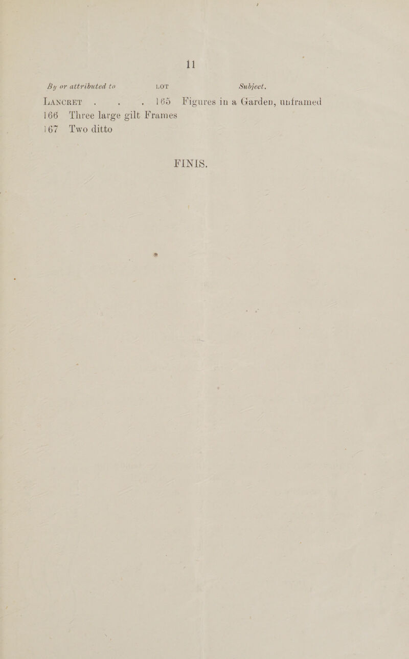 By or attributed to LOT Subject. LANCRET . ; . 165 Figures in a Garden, unframed 166 ‘Three large gilt Frames 167 Two ditto FINIS.