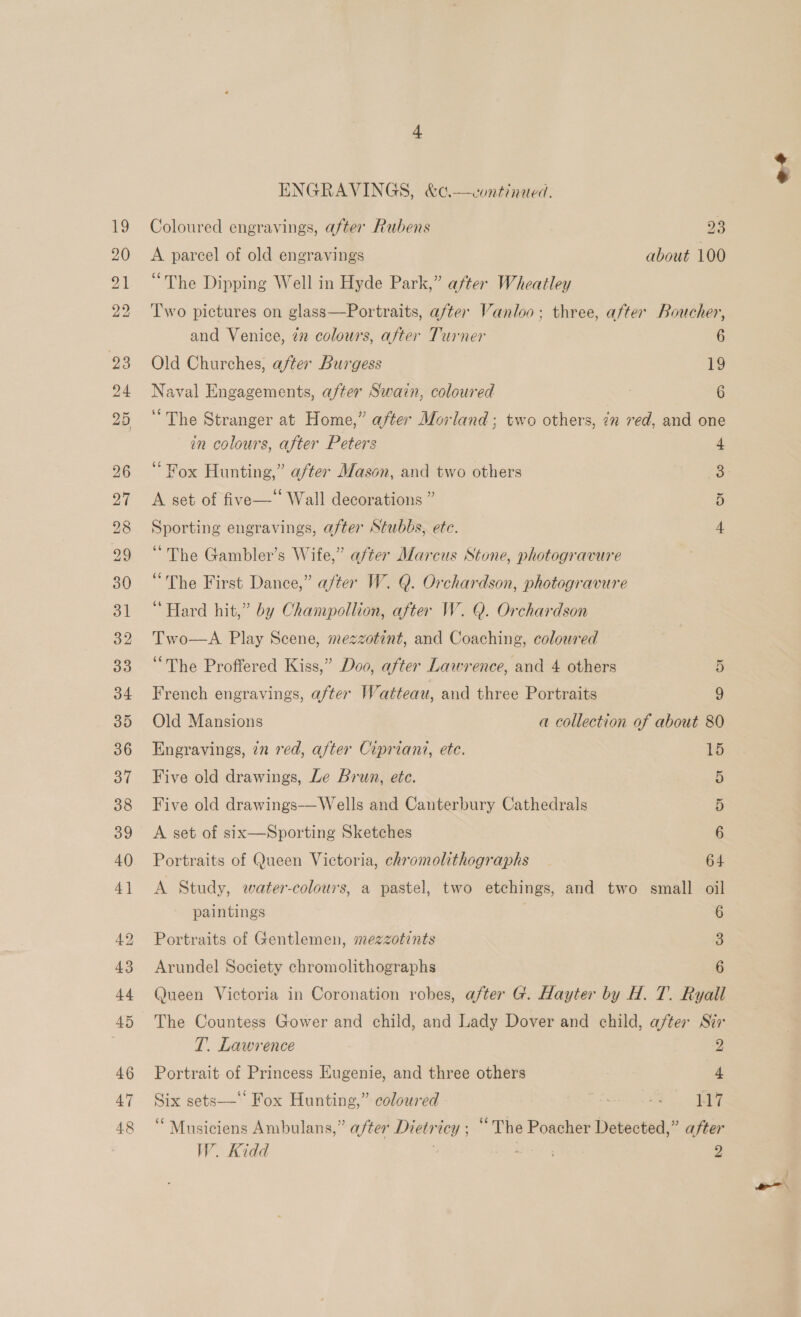 Coloured engravings, after Rubens 23 A parcel of old engravings about 100 “The Dipping Well in Hyde Park,” after Wheatley Two pictures on glass—Portraits, after Vanloo; three, after Boucher, and Venice, zn colours, after Turner 6 Old Churches, after Burgess 19 Naval Engagements, after Swain, coloured 6 ‘The Stranger at Home,” after Morland ; two others, in red, and one in colours, after Peters 4 ‘Fox Hunting,” after Mason, and two others ‘8: A set of five—‘ Wall decorations ” is Sporting engravings, after Stubbs, etc. 4 “The Gambler’s Wife,” after Marcus Stone, photogravure “The First Dance,” a/ter W. Q. Orchardson, photogravure “Hard hit,” by Champollion, after W. Q. Orchardson Two—A Play Scene, mezzotint, and Coaching, coloured “The Proffered Kiss,” Doo, after Lawrence, and 4 others S French engravings, after Watteau, and three Portraits 9 Old Mansions a collection of about 80 Engravings, zn red, after Cipriani, etc. 15 Five old drawings, Le Brun, ete. 5 Five old drawings-——Wells and Canterbury Cathedrals 5 A set of six—Sporting Sketches 6 Portraits of Queen Victoria, chromolithographs 64 A Study, water-colours, a pastel, two etchings, and two small oil paintings 6 Portraits of Gentlemen, mezzotints 3 Arundel Society chromolithographs 6 Queen Victoria in Coronation robes, after G. Hayter by H. T. Ryall The Countess Gower and child, and Lady Dover and child, after Sir T. Lawrence 2 Portrait of Princess Eugenie, and three others 4 Six sets—‘ Fox Hunting,” coloured = 4 117 “ Musiciens Ambulans,” after Dietricy ; * The Poacher Detected,” after