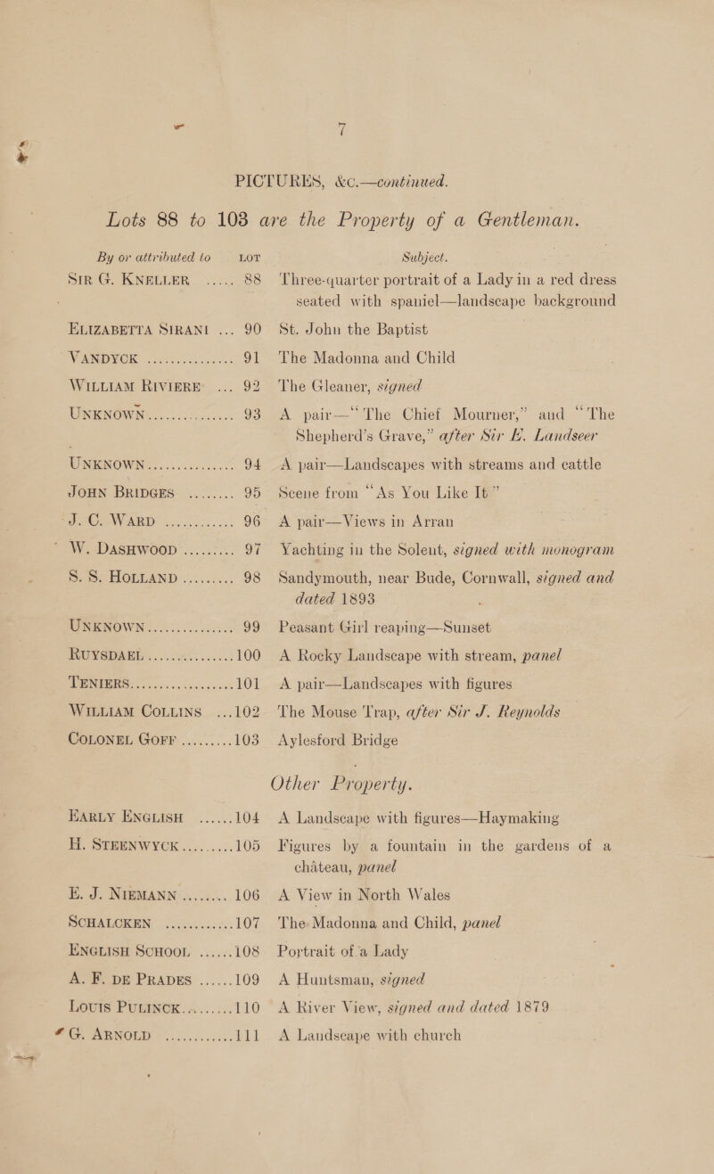 's By or attributed to Sir G. KNELLER ELIZABETTA SIRANI ... VS 3. 0 ar WILLIAM RIVIERE UNKNOWN eee reer e inne ves cece eo eee roe rae ee terse a i see reo tes eee resese UNKNOWN CC WOUVSPAEE: oe ONS WILLIAM COLLINS COLONEL GoFrF oer eves eos EARLY ENGLISH H. STEENWYCK a a oe E. J. NIEMANN DCHALCKON: voanxk deck. aoeeee eer eee LOUIS PURINGK (A....... ¥G. ARNOLD eoreerer es eseeoen LOT 88 Subject. Three-quarter portrait of a Lady in a red dress landscape background  seated with spaniel St. Johu the Baptist The Madonna and Child The Gleaner, segned . ¢ &gt; . 0) €¢ 5 A pair— The Chief Mourner,’ and ~The Shepherd’s Grave,” after Sir L. Landseer A pair  Landscapes with streams and cattle A pair—Views in Arran Yachting in the Soleut, signed with monogram Sandymouth, near Bude, Cornwall, signed and dated 1893 | Peasant Girl reaping—Sunset A Rocky Landscape with stream, panel A pair—Landscapes with figures The Mouse Trap, after Sir J. Reynolds Aylesford Bridge Other Property. A Landscape with figures—Haymaking Figures by a fountain in the gardens of a chateau, panel A View in North Wales The Madonna and Child, panel Portrait of a Lady A Huntsman, signed A River View, signed and dated 1879 A Landseape with church