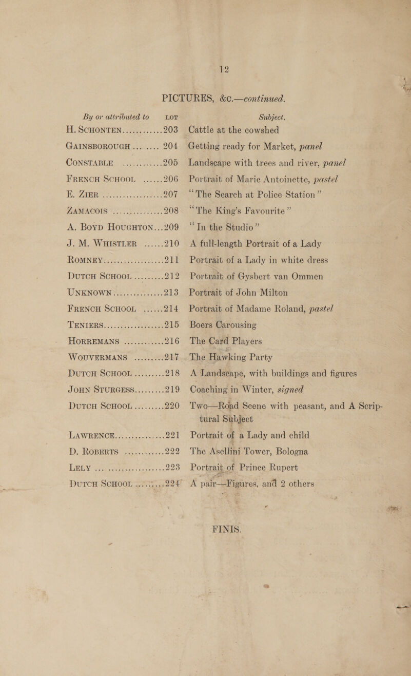 es ed LOT 203 204 205 206 207 208 Subject. Cattle at the cowshed Getting ready for Market, panel Landscape with trees and river, pane/ Portrait of Marie Antoinette, pastel “The Search at Police Station ” “The King’s Favourite ” “In the Studio ” A full-length Portrait of a Lady Portrait of a Lady in white dress Portrait of Gysbert van Ommen Portrait of John Milton Portrait of Madame Roland, paste/ Boers Carousing The Card Players The Hawking Party A Landscape, with buildings and figures Coachtietin Winter, signed Two—Road Scene with peasant, and A Scrip- tural Subject Portrait of a Lady and child The Abelithi Tower, Bologna Portrait of Prince Rupert A padre oiaured and 2 others a FINIS,