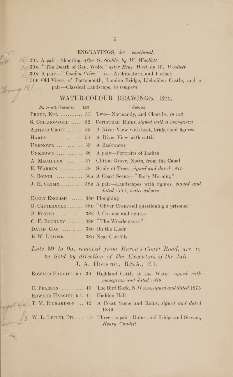  Ge | ENGRAVINGS, &amp;c.—continued. lb /@/-30L A pair—Shooting, after G. Stubbs, by W. Woollett oof 30M “The Death of Gen. Wolfe,” after Benj. West, by W. Woollett o¢ PUN A pair—- London Cries ;’ six—Architecture, and 1 other 30e Old Views of Portsmouth, London Bridge, Llehoiden Castle, and a Yo nd 19 . pair—Classical Landscape, im tempera y WATER-COLOUR DRAWINGS, Ervc. By or attributed to LOT Subject. PROUT. HTC. 2. aie ous. 31 ‘Two—Normandy, and Cherubs, in red S. COLLINGWOOD ...... 32 Corinthian Ruins, segned with a monogram ARTHUR CROFT’....../.. 33 &lt;A River View with boat, bridge and figures EER ee slg os koe 34 &lt;A River View with cattle UNKNOWN.... .......... 35 A Backwater WINKNOWIN 28 tober 36 ~ A pair—Portraits of Ladies AL WENOAT LAM basis: 37 Clifton Grove, Notts, from the Canal Bi WARREN. (AS. oi. o kc 38 Study of Trees, stgned and dated 1875 POU H. oock chide eses 384 A Coast Scene— Early Morning” de EPPAG RIMM. 3 goes. kis. 38B A pair—Landscapes with figures, signed and dated 1771, water-colours EARLY ENGLISH .... . 38c¢ Ploughing G. CATTERMOLE......... 38p “ Oliver Cromwell questioning a prisoner ” BS HOSUER ... ccoF scenes xs 38k A Cottage and figures | CF] BUCKLEY &lt;::.. .... 88F “The Woodcutters ” DAVAO AOR Te sees: 38G On the Lledr B. W. LEADER ......... 38H Near Caerfilly Lots 39 to 95, removed from Baron's Court Road, are to be Sold by direction of the Hxecutors of the late Jo. —ELOUSTON, R.S.A., RB.1. EDWARD HARGITT, R.1. 389 Highland Cattle at the Water, signed with monogram and dated 1878 © PARSON aos. isa. 40 ‘The Bird Rock, N. Wales, signed and dated 1873 EDWARD HARGITT, R.1. 41 Haddon Hall | eat “fu, _T. M. RicHarpson ... 42 A Coast Scene and Ruins, signed and dated GG | 1849 W. L. Leitcn, Ero. ... 43 Three—a pair : Ruins, and Bridge and Stream, Henry Cundell Cd if 