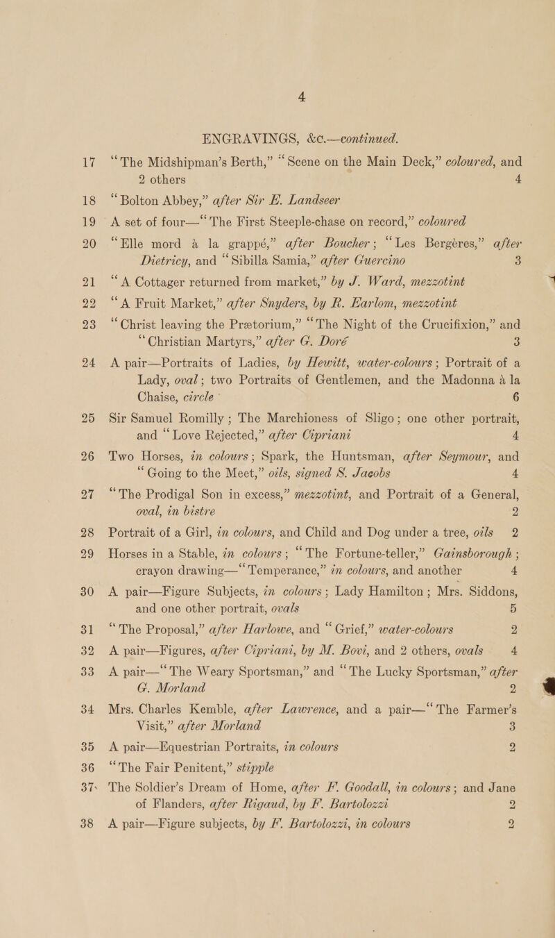 30 31 32 33 34 35 36 37&gt; 38 ENGRAVINGS, &amp;c.—continued. ‘“The Midshipman’s Berth,” “Scene on the Main Deck,” coloured, and 2 others 4 ‘Bolton Abbey,” after Sir E. Landseer A set of four— The First Steeple-chase on record,” coloured “Elle mord a la grappé,” after Boucher; “Les Bergéres,” after Dietricy, and “Sibilla Samia,” after Guercino 3 ‘A Cottager returned from market,” by J. Ward, mezzotint “A Fruit Market,” after Snyders, by R. Earlom, mezzotint “Christ leaving the Pretorium,” “The Night of the Crucifixion,” and “Christian Martyrs,” after G. Doré 3 A pair—Portraits of Ladies, by Hewitt, water-colours; Portrait of a Lady, oval; two Portraits of Gentlemen, and the Madonna a la Chaise, circle 6 Sir Samuel Romilly ; The Marchioness of Sligo; one other portrait, and “ Love Rejected,” after Cipriani 4 Two Horses, 22 colours; Spark, the Huntsman, after Seymour, and “Going to the Meet,” ozs, signed S. Jacobs 4 “The Prodigal Son in excess,” mezzotint, and Portrait of a General, oval, in bistre 2 Portrait of a Girl, in colowrs, and Child and Dog under a tree, oz/s 2 Horses in a Stable, 7m colours; “The Fortune-teller,” Gainsborough ; crayon drawing— Temperance,” 7” colours, and another 4 A pair—Figure Subjects, 7m colours; Lady Hamilton; Mrs. Siddons, and one other portrait, ovals 5 “The Proposal,” after Harlowe, and “ Grief,” water-colours 2 A pair—Figures, after Cipriani, by M. Bovi, and 2 others, ovals 4 A pair—‘The Weary Sportsman,” and “The Lucky Sportsman,” after G. Morland 2 Mrs. Charles Kemble, after Lawrence, and a pair—‘“ The Farmer’s Visit,” after Morland 3 A pair—Equestrian Portraits, 7m colours 2 “The Fair Penitent,” stipple The Soldier’s Dream of Home, after F'. Goodall, in colours; and Jane of Flanders, after Rigaud, by F. Bartolozzi A pair—Figure subjects, by F. Bartolozz, in colours to bo 