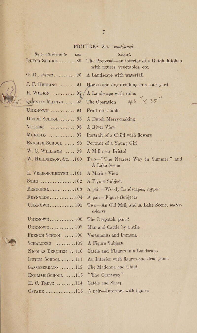 PICTURES, &amp;c.—continued. By or attributed to LOT Subject. DUTCH SCHOOL ...... +. 89 The Proposal—an interior of a Dutch kitchen with figures, vegetables, etc. ee De. Signed as. sess 90 &lt;A Landscape with waterfall ses and dog drinking in a courtyard A Landscape with ruins of e The Operation yb X35 f  Fruit on a table DUTCH SCHOOL... 2.5... 95 A Dutch Merry-making mers o.oo cis 96 A River View WERT LO: 0.0. cise os 97 Portrait of a Child with flowers ENGLISH SCHOOL eer: 98 Portrait of a Young Girl “= W. C. Wintiams ...... 99 &lt;A Mill near Bristol _W. HENDERSON, &amp;c....100 Two—‘The Nearest Way in Summer,” and | A Lake Scene L. VERBOECKHOVEN ...101 A Marine View SULLA oat Thee gle ae aan ee 102 A Figure Subject |5:15 5 LUC 2 8 pe eee 103 A pair—Woody Landscapes, copper OSE NOLDS )0 o.csca ss cs 104 A pair—Figure Subjects IIMNOW Niccce sc skc cess 105 Two—An Old Mill, and A Lake Scene, water- colours WOINEINOW Ngiee. eae ce dos 106 The Despatch, panel WINEENOWIN seve cis cece ess 107 Man and Cattle by a stile 2 FRENCH SCHOOL ...... 108 Vertumnus and Pomona : Be) BCHALOKEN |. .ccscvat: 109 A Figure Subject Nicontas BerGuem ...110 Cattle and Figures in a Landscape DuTcH SCHOOL......... 111 An Interior with figures and dead game SASSOFERRATO ......... 112 The Madonna and Child ENGLISH SCHOOL ...... 113 “The Castaway” Me URTV Zo ae eas i ihs 114 Cattle and Sheep MISBADEY lec c0P von les sass 115 &lt;A pair—Interiors with figures