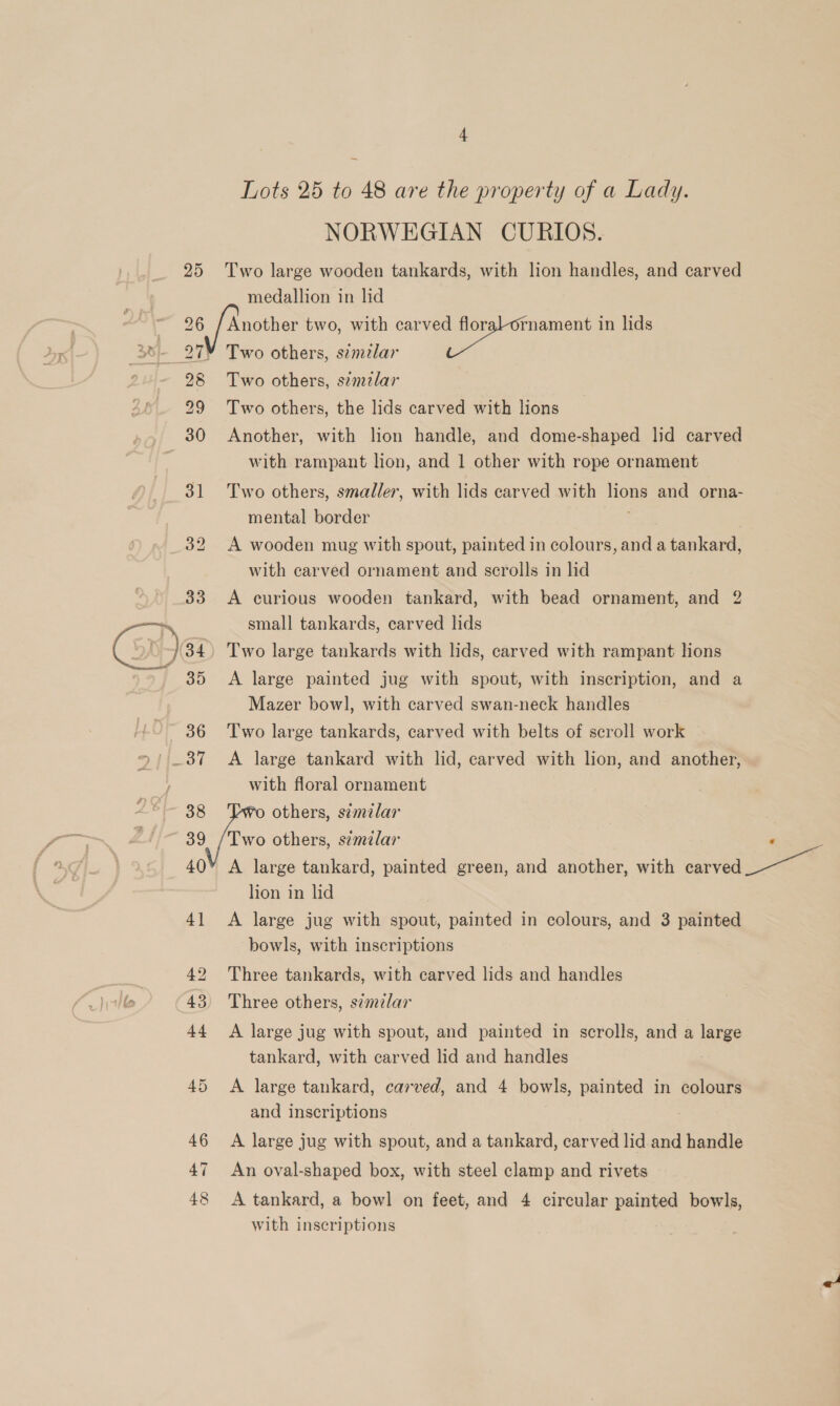 Lots 25 to 48 are the property of a Lady. NORWEGIAN CURIOS. 25 Two large wooden tankards, with lion handles, and carved medallion in lid ~'— 96 [Another two, with ce in lids 38- 27Y Two others, similar 28 Two others, symzlar 29 Two others, the lids carved with lions 30 Another, with lion handle, and dome-shaped lid carved with rampant lion, and 1 other with rope ornament 31 Two others, smaller, with lids carved with iow and orna- mental border 32 A wooden mug with spout, painted in colours, anda ae with carved ornament and scrolls in lid 33 A curious wooden tankard, with bead ornament, and 2 small tankards, carved lids GS ' 34) Two large tankards with lids, carved with rampant lions 35 &lt;A large painted jug with spout, with inscription, and a Mazer bowl, with carved swan-neck handles 36 Two large tankards, carved with belts of scroll work | _37 A large tankard with lid, carved with lion, and another, with floral ornament - others, simelan Z Two others, s¢milar P A large tankard, painted green, and faa ae with avn ae hon in lid 41 &lt;A large jug with spout, painted in colours, and 3 painted bowls, with inscriptions 42 Three tankards, with carved lids and handles 43 Three others, s¢milar 44 A large jug with spout, and painted in scrolls, and a ane tankard, with carved lid and handles 45 A large tankard, carved, and 4 bowls, painted in colours and inscriptions 46 A large jug with spout, and a tankard, carved lid and handle 47 An oval-shaped box, with steel clamp and rivets 48 A tankard, a bowl on feet, and 4 circular painted bowls, with inscriptions