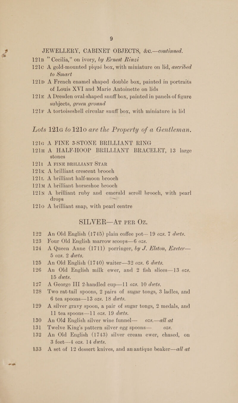 JEWELLERY, CABINET OBJECTS, &amp;c.—continued. 1218 “ Cecilia,” on ivory, by Hrnest Rinzi 121¢c A gold-mounted piqué box, with miniature on lid, ascribed to Smart 121p A French enamel shaped double box, painted in portraits of Louis XVI and Marie Antoinette on lids 1218 A Dresden oval-shaped snuff box, painted in panels of figure subjects, green ground 121¥ A tortoiseshell circular snuff box, with miniature in lid Lots 1216 to 1210 are the Property of a Gentleman. 121a¢ A FINE 3-STONE BRILLIANT RING 121H A HALF-HOOP BRILLIANT BRACELET, 13 large stones 1211 A FINE BRILLIANT STAR 121K A brilliant crescent brooch 121L A brilliant half-moon brooch 121m A brilliant horseshoe brooch 121N A brilliant ruby and emerald scroll brooch, with pearl drops a 121o A brilliant snap, with pearl centre SILVER—AT PER Oz. 122 An Old English (1745) plain coffee pot— 19 ozs. 7 divts. 23 Four Old English marrow scoops—6 ozs. 124 A Queen Anne (1711) porringer, by J. Elston, Haeter— 5 ozs. 2 dwts. 125 An Old English (1740) waiter—32 ozs. 6 dwts. 126 An Old English milk ewer, and 2 fish slices—13 ozs. 15 dwts. 127 A George III 2-handled cup—11 ozs. 10 dwés. 128 Two rat-tail spoons, 2 pairs of sugar tongs, 3 ladles, and 6 tea spoons—13 ozs. 18 dwts. 129 A silver gravy spoon, a pair of sugar tongs, 2 medals, and 11 tea spoons—11 ozs. 19 dwits. 130 An Old English silver wine funnel— o0zs.—all at 131 Twelve King’s pattern silver egg spoons— O28. 132 An Old English (1743) silver cream ewer, chased, on 3 feet-—4 ozs. 14 dwis. 133 A set of 12 dessert knives, and an antique beaker—all at