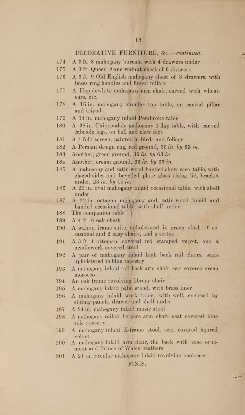 DECORATIVE FURNITURE, &amp;c.—continued. A 3ft. 8 mahogany bureau, with 4 drawers under A.34t. Queen Anne walnut chest of 6 drawers A 3 ft. 9 Old English mahogany chest of 3 drawers, with brass ring handles and fluted pillars A Hepplewhite mahogany arm chair, carved with wheat- ears, etc. A 16in. mahogany cinealar top table, on carved pillar and tripod A 34 in. mahogany inlaid Be icoke table A 38in. Chippendale mahogany 2-fiap table, with carved cabriole legs, on ball and claw feet A 4-fold sereen, painted in birds and foliage A Persian design rug, red ground, 362. by 63 in. Another, green ground, 36 a. by 63 in. Another, cream ground, 36 an. by 63 in. A mahogany and satin-wood banded show case table, with glazed sides and bevelled plate glass rising lid, bracket under, 23 in. by 15 in. A 29 in. oval mahogany inlaid occasional table, with shelf under atest coratcual tabye : Pith shelf ander The companion table A 4 ft. 6 oak chest A walnut frame suite, upholstered in green plush: 6 oc- casional and 2 easy chairs,.and a settee A 3 ft. 4 ottoman, covered red stamped velvet, and a needlework cone stool A pair of mahogany inlaid high back rail chairs, amie upholstered in blue tapestry A mahogany inlaid rail back arm chair, seat covered green morocco An oak frame revolving library chair A mahogany inlaid palm stand, with brass liner A mahogany inlaid work table, with well, enclosed by sliding panels, drawer and shelf under A 24in. mahogany inlaid music stool A mahogany railed bergére arm chair, seat covered blue silk tapestry A mahogany inlaid Cs aii stool, seat covered figured velvet A mahogany inlaid arm chair, the back with vase orna- ment and Prince of Wales’ feathers A 21 in. circular mahogany inlaid revolving bookcase FINIS.
