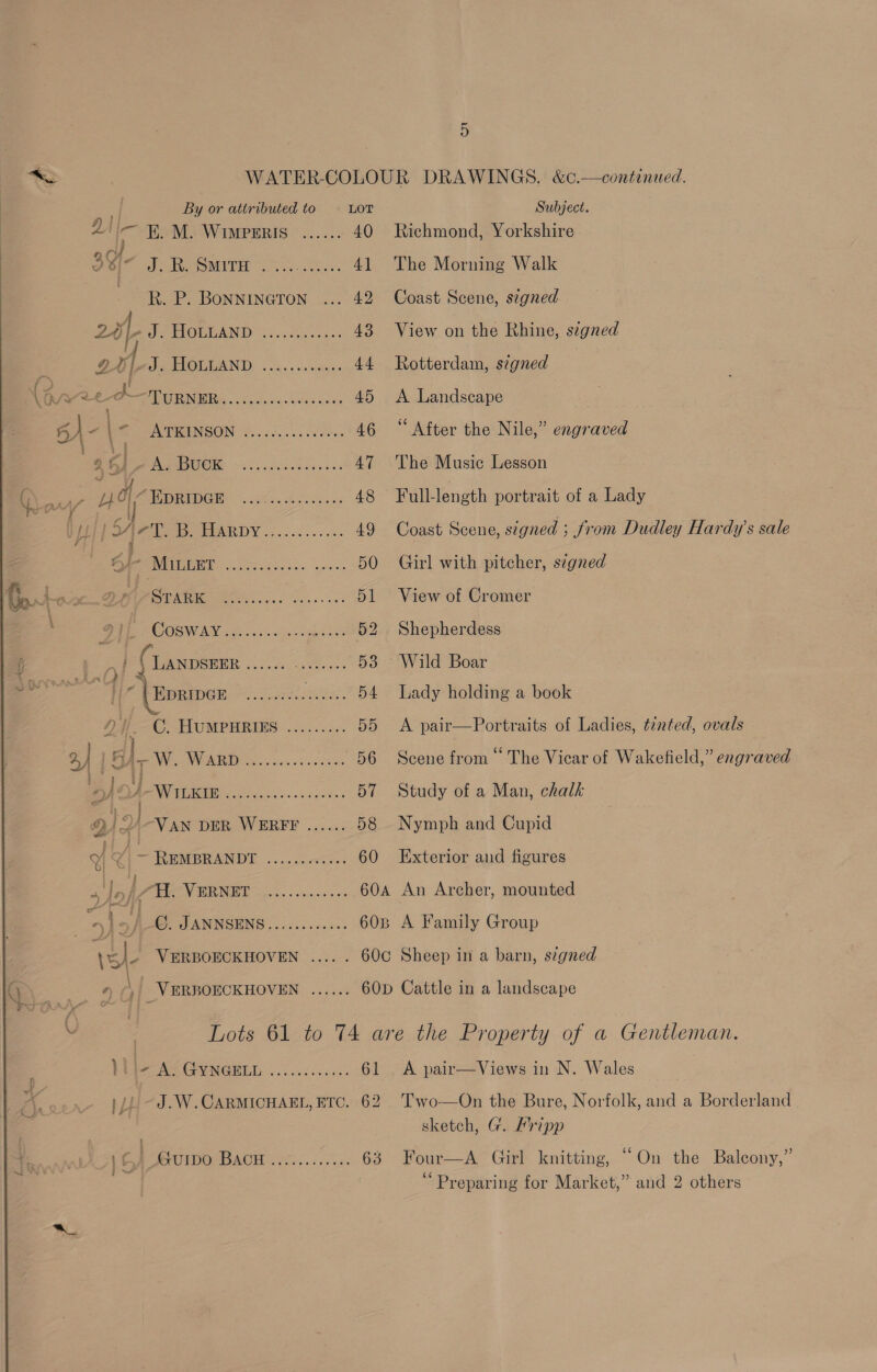 5 WATER-COLOUR DRAWINGS. &amp;c.—continued. 2 oa EK. M. WIMPERIS ...... 40 Richmond, Yorkshire SY J.B Surnt sc. 41 The Morning Walk RB. P. BonnineTon 42 Coast Scene, szgned 20, oP TROMMNND: 60. Soo cae 43 View on the Rhine, signed raed BOONE, « Gioia sid works nlee 45 A Landscape 5) - | © ATKINSON ©.../......00.. 46 ‘After the Nile,” engraved ! 2 ‘4 Per DUO i. se. divee dace 47 ‘The Music Lesson 1/7 u d| PRIM 63, Kon veo 48 Full-length portrait of a Lady by 5 ey ERD Yo a0 ss 5 vhs 49 Coast Scene, signed ; from Dudley Hardy’s sale Pae &amp; Ue 50 Girl with pitcher, segned CS i 51 View of Cromer i COW oe tic in tap Lae 52 Shepherdess Lal (Lanpseee ipl ok ea, ee 53 Wild Boar He [Epntoes Psat c Ee 54 Lady holding a book 44 C. HUMPHRIES ......... 55 A pair—Portraits of Ladies, tented, ovals 2] 15 . re MRE OP gos. &lt;oi..3 acta 56 Scene from‘ The Vicar of Wakefield,” engraved BOAR WR eco pes 57 Study of a Man, chalk @) yg VAN DER WERFF ...... 58 Nymph and Cupid °y Q | - REMERANDE .....0&lt;0%5-5 60 Exterior and figures 2 I Vast N25) a 100 ee eee 60a An Archer, mounted 2 }. ] ©. JANNSENS............ 60B A Family Group ol VERBOECKHOVEN .... . 60C Sheep in a barn, signed 4 A _VERRBOECKHOVEN ...... 60D Cattle in a landscape 7 Lots 61 to 74 are the Property of a Gentleman. Vibe ee neh i dies. 61 . A pair—Views in N. Wales )LL ~J.W.CARMICHAEL, ETO. 62 |e | Guido BACH ..........5. 63 Two—On the Bure, Norfolk, and a Borderland sketch, G. Mripp Four—A Girl knitting, “On the Balcony,” “ Preparing for Market,” and 2 others