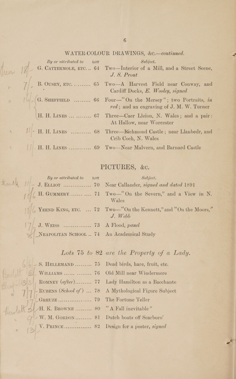 e, By or attributed to LOT Subject. . G. CATTERMOLE, ETC... 64 Two—Interior of a Mill, and a Street Scene, J. S. Prout ByOUsinYs WUC ck. ca sac 65 Two—A Harvest Field near Conway, and : Cardiff Docks, #. Wooley, signed G., SHEFFIELD. ......+.. 66 Four—'On the Mersey”; two Portraits, in . red; and an engraving of J. M. W. Turner Be Pe WINS oe ele 67 Three—Caer Lleion, N. Wales; and a pair: At Hallow, near Worcester Bes bie NS* ol Salt fee 68 ‘Three—Richmond Castle; near Llanbedr, and Crib Coch, N. Wales 1 Pe 69 'Two--Near Malvern, and Barnard Castle PICTURED, &amp;: By or attributed to LOT Subject. Fey ne (9) eee ee 70 Near Callander, signed and dated 1891 TH GUMMERY... 2. ccs. 71 Two—‘On the Severn,” and a View in N. Wales _ Yeenp Kine, evc. ... 72 Two—‘On the Kennett,” and “On the Moors,” J. Webb A? RES En aoe 73 &lt;A Flood, panel NEAPOLITAN SCHOOL .. 74 An Academical Study Lots 75 to 82 are the Property of a Lady. S. HELLEMAND ...2...a5 75 Dead birds, hare, fruit, etc. Via AMES sc rtee, 3.0 eee 76 Old Mill near Windermere '. RoMNEY (a/fter)......... 77 Lady Hamilton as a Bacchante ; » Rupens (School of ) ... 78 A Mythological Figure Subject GRBOZE . is. h.caste ee 79 The Fortune Teller t/t. Ko. BROWNE. oc05.5% 80 “A Fall inevitable ” WE MAGGORDON vs ascaxn 81 Dutch boats off Scarboro’ WP RPMS Byes ts 82 Design for a poster, signed _