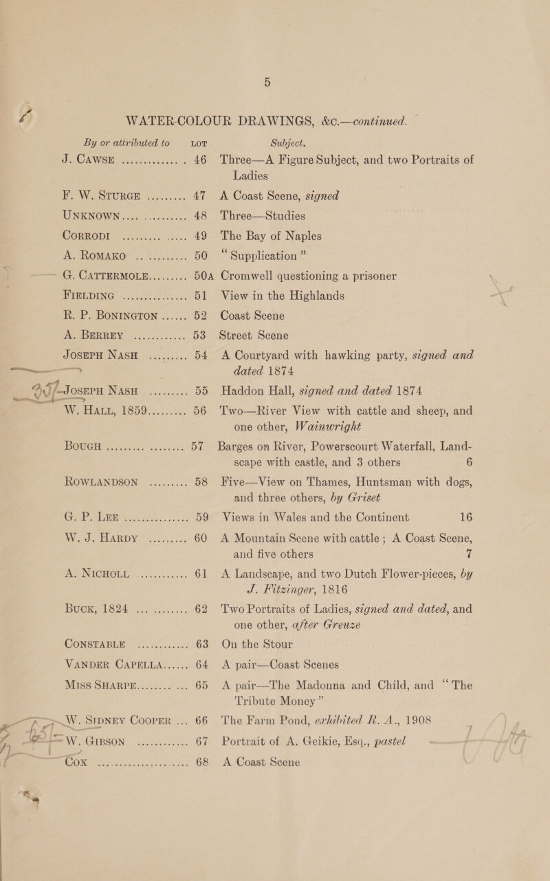 De MOAMIS ier Hae bs . 46 Three—A Figure Subject, and two Portraits of Ladies Bo WeorurnGH 22h007%. 47 A Coast Scene, segned WINKINOVENG foie os. ssc 48 Three—Studies CORRODE Aare nn 49 The Bay of Naples De, ANOMAKOF Fa) OE: 50 ‘Supplication ” G. CATTERMOLE......... 50A Cromwell questioning a prisoner PED IDEN) vce Aen es ot 51 View in the Highlands R. P. BONINGTON ...... 52 Coast Scene EP RRREN. 5.77 fei 5+ 53 Street Scene JOSEPH NASH .n.2:2.&gt;. 54 A Courtyard with hawking party, segned and ee | dated 1874 | __Od/-Josupn Nash ........ 55 Haddon Hall, signed and dated 1874 gg W. HALE, BS OOF 522 es: 56 'Two—River View with cattle and sheep, and one other, Wainwright DOUGH dces, cots eae 57 Barges on River, Powerscourt Waterfall, Land- scape with castle, and 3 others 6 KOWEANDSON ~=........ 58 Five—View on Thames, Huntsman with dogs, and three others, by Griset Crh MWR. Sccage ls 59 Views in Wales and the Continent 16 Ws ARID cuca 60 &lt;A Mountain Scene with cattle ; A Coast Scene, and five others 7 RO NEC HOME, 3. icbacss. 61 &lt;A Landscape, and two Dutch Flower-pieces, by J. Kitzinger, 1816 BUCK. (O24. oasis. 62 Two Portraits of Ladies, stgned and dated, and one other, after Greuze CONSTABLE 2.58 00: 63 On the Stour VANDER CAPELLA...... 64 &lt;A pair—Coast Scenes MISS SHARPE........ ... 65 A pair—The Madonna and Child, and “The — cad Os arte ee OS Tribute Money” The Farm Pond, exvhibited R. A., 1908 Portrait of A. Geikie, Esq., pastel A Coast Scene
