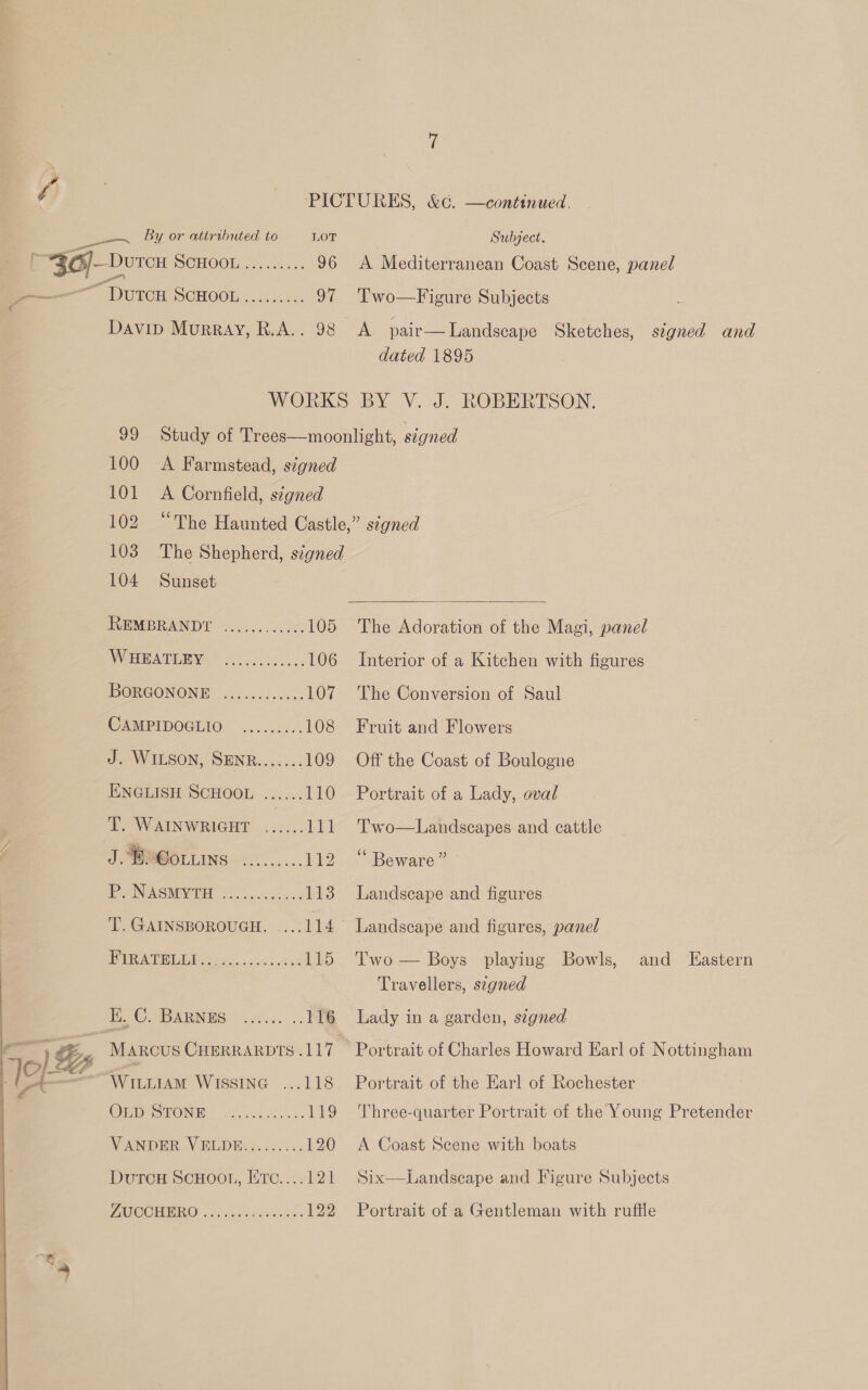 a é PICTURES, &amp;c. —continued. -. | «By or attributed to LOT Subject. m { 36)—Duicu NOHOOlnc.s... 96 A Mediterranean Coast Scene, panel eee DUTCH SCHOOL ......-.. 97 Two—Figure Subjects . € , Davip Murray, R.A.. 98 A pair—Landscape Sketches, signed and dated 1895 WORKS BY V. J. ROBERTSON. 99 Study of Trees—moonlight, signed 100 A Farmstead, signed 101 A Cornfield, ségned 102 “The Haunted Castle,” signed 103 The Shepherd, signed  104 Sunset INWMBRANDT 9... 5.00405 105 The Adoration of the Magi, panel VN GEM ATE MRI 282 32% 004, 106 Interior of a Kitchen with figures BORGONONE | 6.00..0.05.. 107 The Conversion of Saul CAMPIDOGLIO ......... 108 Fruit and Flowers J. WILSON, SENR....... 109 Off the Coast of Boulogne ENGLISH SCHOOL ...... 110 Portrait of a Lady, oval T. WAINWRIGHT ...... 111 Two—Landscapes and cattle j JWSGOLLINS ......... ies Beware: Pe NASEVIDNE of ice 2s 113 Landscape and figures T. GAINSBOROUGH. ...114 Landscape and figures, panel PUMA Bees o'r. 0 115 ‘T'wo — Boys playing Bowls, and LEastern Travellers, segned i. Cap SaINES it... 2. 116 Lady in a garden, signed a } ¢@,, Marcus Cuerrarpts.117 Portrait of Charles Howard Earl of Nottingham WILLIAM WISSING ...118 Portrait of the Earl of Rochester OEDISTONE 2. ccs sens. 119 Three-quarter Portrait of the Young Pretender Vanier VBLDH:e..5.:.. 120 A Coast Seene with boats DutTcH ScHOOL, Etc....121 Six—bLandsecape and Figure Subjects UO OHIEIEO! ...o carne ecsins. 122 Portrait of a Gentleman with ruffle - 