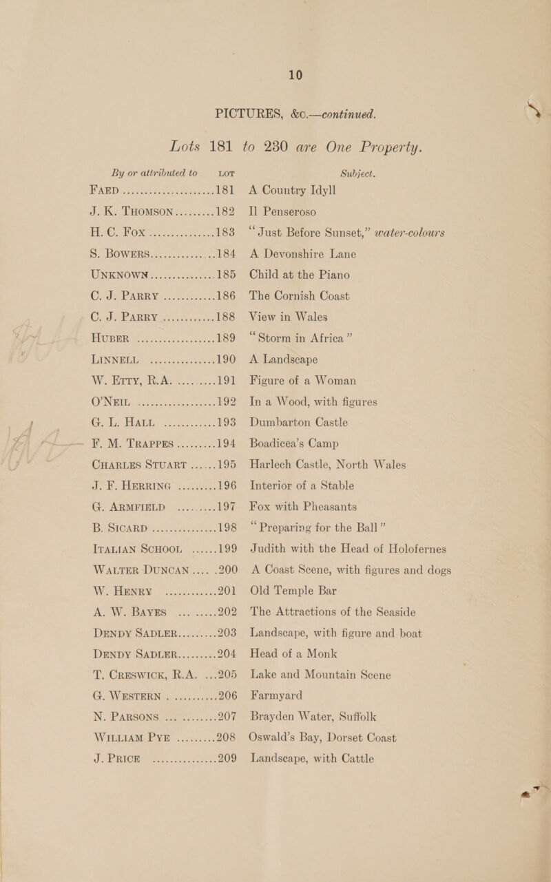 PICTURES, &amp;06.—continued. Lots 181 to 230 are One Property. By or attributed to LOT Subject. VASE Dilek Sah ocelot eae 181 A Country Idyll J: Ka THOMSON 2.0.55 182 Il Penseroso iO BO wea coe eas 183 “Just Before Sunset,” water-colours SI OWWRSxea et secs 184 A Devonshire Lane UNKNOWN]... occa ey 185 Child at the Piano CORAPAR RW cy, Free 186 The Cornish Coast CoP ARR Ne. o.oo 188 View in Wales HRs CBO ee tape saa Seva a 189 “Storm in Africa ” DUNNE Ga oSueee 190 &lt;A Landscape Wo EY RAE ie oe 191 Figure of a Woman SE Oy dota ee Me ergs 192 Ina Wood, with figures Geo eaao eaes 193 Dumbarton Castle =~ HM. TRAPPERS 2.25... 194 Boadicea’s Camp CHARLES STUART ...... 195 Harlech Castle, North Wales Jo A IHRRING costes. 196 Interior of a Stable Gy ARMFIELD )...0500, 197 Fox with Pheasants IC ADEs... tesa we. 198 “Preparing for the Ball” ITALCANS SCHOOL =... 199 Judith with the Head of Holofernes WALTER DuNCAN .... .200 &lt;A Coast Scene, with figures and dogs WY, PERG) Gat tax see 201 Old Temple Bar A WeelBAVES” 6. 5cck: 202 The Attractions of the Seaside DENDYSADLER....... 203 Landscape, with figure and boat DENDY SADLER... ......+. 204 Head of a Monk T. Creswick, R.A. ...205 Lake and Mountain Scene G. WHSTBR NGG sce 206 Farmyard N.. PARSONS seen: ou 207 Brayden Water, Suffolk WiGLIARWIR WE ves. cc. 208 Oswald’s Bay, Dorset Coast J ERICH IM. kos ees: 209 Landscape, with Cattle