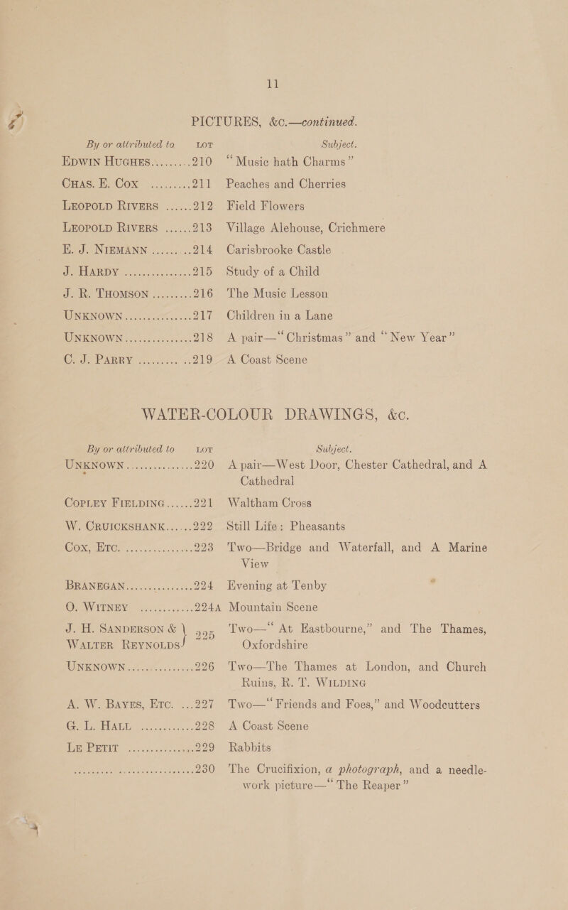 w By or attributed to EDWIN HUGHES......... Crise E COM onc cna, LEOPOLD RIVERS ...... LEOPOLD RIVERS ...... E. J. NIEMANN ...... = EMIS) oye works cas TT LOT 210 211 212 213 214 215 216 217 218 219 Subject. “Music hath Charms ” Peaches and Cherries Field Flowers Village Alehouse, Crichmere Carisbrooke Castle Study of a Child The Music Lesson Children in a Lane A pair—‘‘ Christmas” and “New Year” A Coast Scene By or attributed to WINIENOWIN oo. cs sce snes COPLEY FIELDING...... W. CRUICKSHANK...... (HOD Se 1S aR RANG ANG ac coeis tk, CUNVTUNENS os0o).6 55.4; J. H. SANDERSON &amp; } WALTER REYNOLDS MINION OWN co, oe coh ks A. W. BAyEs, Etc. (Sal fl a OG baa eee ee y 1520 24550 4 epee eee see see See eereeseereeeseon LOT 220 224 Subject. A pair—West Door, Chester Cathedral, and A Cathedral Waltham Cross Still Life: Pheasants Two—Bridge and Waterfall, and A Marine View — Evening at Tenby 225 226 Two— At Eastbourne,” and The Thames, Oxfordshire Two—The Thames at London, and Church Ruins, R. T. WILDING Two—“ Friends and Foes,” and Woodcutters A Coast Scene Rabbits The Crucifixion, a photograph, and a needle- work picture—* The Reaper”