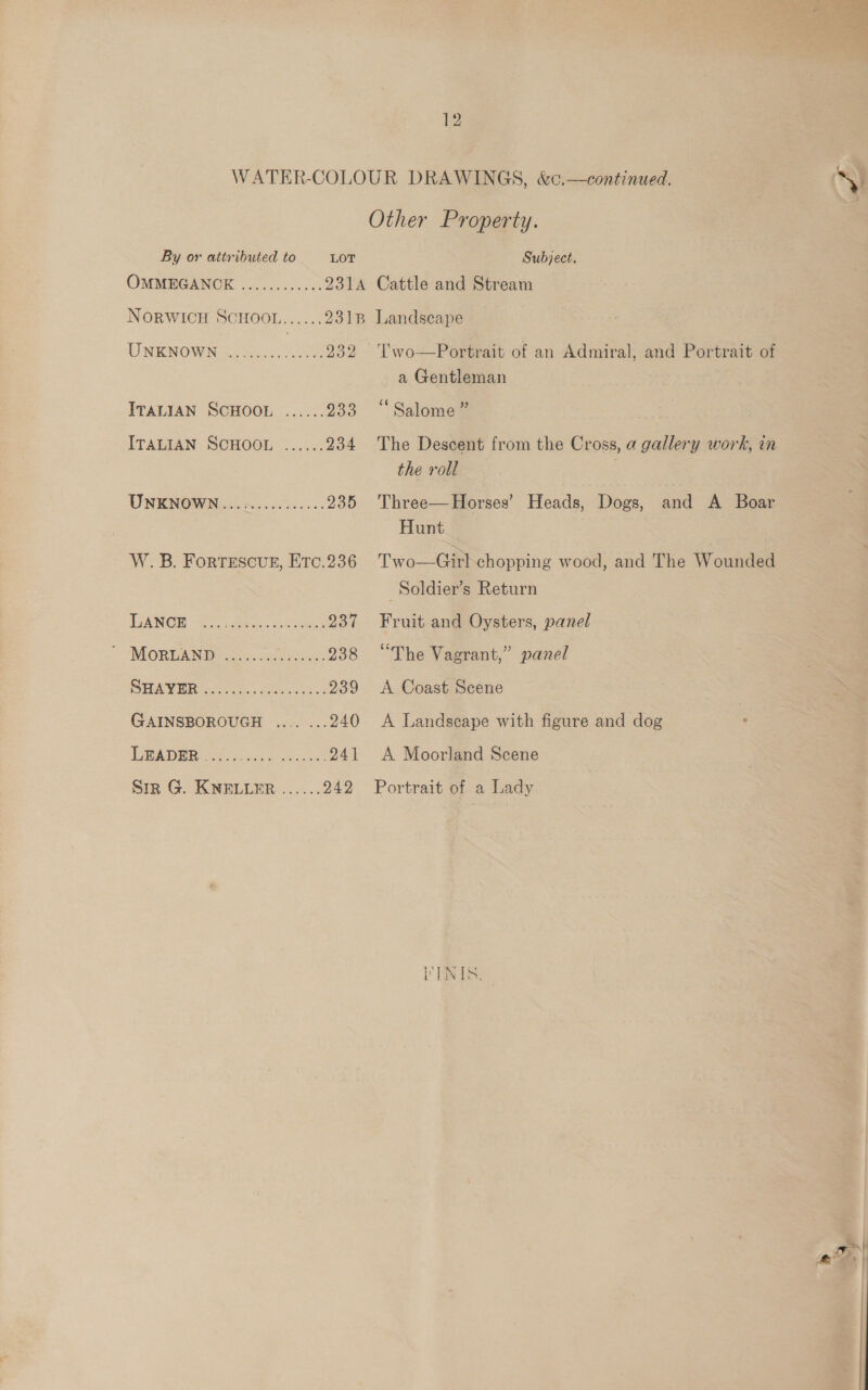 WATER-COLOUR DRAWINGS, &amp;c.—continued. Other Property. By or attributed to LOT Subject. OMMEGANCK ............ 231A Cattle and Stream NORWICH ScHoo.......2318B Landscape UNENOWN 52 cc BS 232 ‘T'wo—Portrait of an Admiral, and Portrait of a Gentleman ITALIAN SCHOOL ...... 233 “Salome ” ITALIAN SCHOOL ...... 234 The Descent from the Cross, a gallery work, in the roll UNENOWN).s6 6... 235 'Three—Horses’ Heads, Dogs, and A Boar Hunt W.B. ForTESCUE, Etc.236 Two Girl chopping wood, and The Wounded _Soldier’s Return  LNG es Bares cee 237 Fruit and Oysters, panel MOR EAN Ds oso Te 238 “The Vagrant,” panel SEY ies. ess os 239 &lt;A Coast Scene GAINSBOROUGH .... ...240 A Landscape with figure and dog LEADER ..... ae he oe 241 A Moorland Scene Siz G. KNELLER ...... 242 Portrait of a Lady ENTS. 