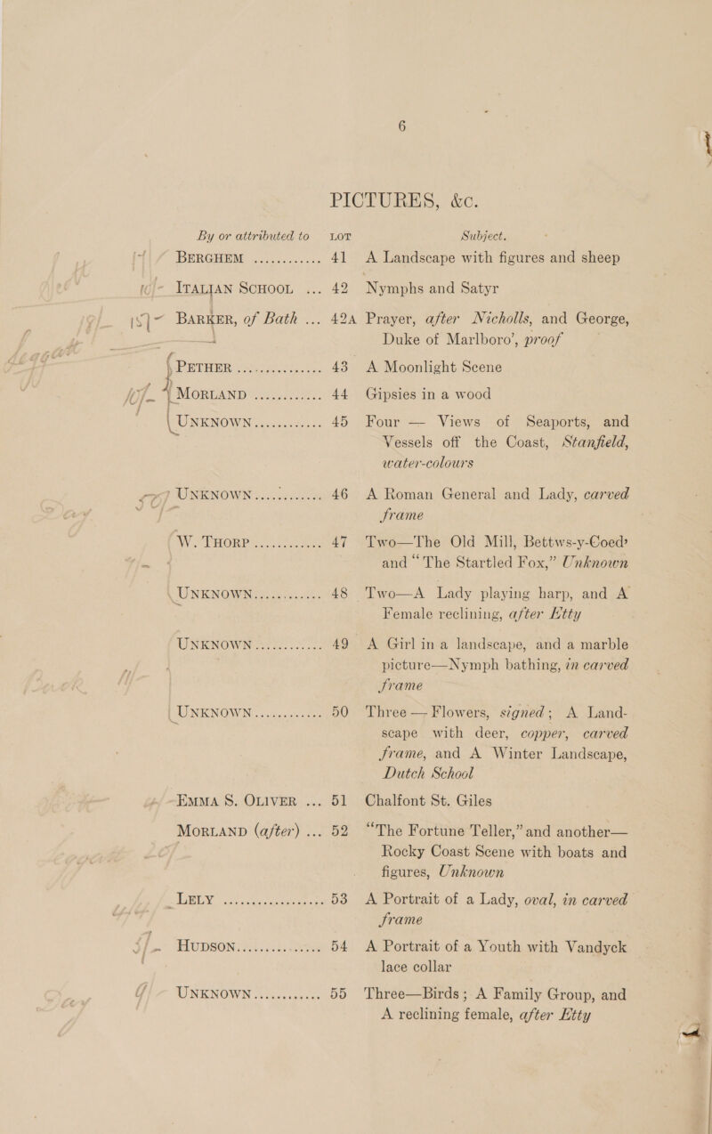By or attributed to Lor BERGHEM 02.0. oe ccs. 4] ITALIAN SCHOOL «.. 42 i BARKER, of Bath ... 424 f BE DEEHIR: Sos pia 'kse ee 43 MORLAND ose h Oe: 44 \ Uxxnown Pepe ans es 45 x7 UNKNOWN..........24 46 Ww. PAORP ee 47 JUNEN GWAR fake: 48 UNKNOWN 22 2). 49 LUNKNOWN: 0 acoses 2 50 Emma S. OLIVER ... 51 MoRLAND (after) ... 52 EN, eee Ce na ee 53 a LO WOON: Hs Poke cates 54 TONKNOWN “hokecsces 55 Subject. A Landscape with figures and sheep Prayer, after Nicholls, and George, Duke of Marlboro’, proof Gipsies in a wood Four — Views of Seaports, and Vessels off the Coast, Stanfield, water-colours A Roman General and Lady, carved Srame Two—The Old Mill, Bettws-y-Coed? and ‘The Startled Fox,” Unknown Female reclining, after Htty A Girl in a landscape, and a marble picture—Nymph bathing, 72 carved Srame Three — Flowers, signed; A Land- scape with deer, copper, carved Jrame, and A Winter Landscape, Dutch School “The Fortune Teller,” and another— Rocky Coast Scene with boats and figures, Unknown A Portrait of a Lady, oval, in carved Jrame A Portrait of a Youth with Vandyck lace collar Three—Birds ; A Family Group, and A reclining female, after Htty