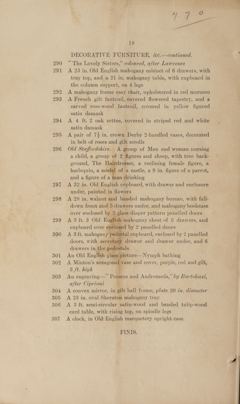 296 299 300 301 302 303 304 305 306 307 18 DECORATIVE FURNITURE, &amp;c.—continued. “The Lovely Sisters,” coloured, after Lawrence A 23 in. Old English mahogany cabinet of 6 drawers, with tray top, and a 21 in. mahogany table, with cupboard in the column support, on 4 legs A mahogany frame easy chair, upholstered in red morocco A French gilt fauteuil, covered flowered tapestry, and a carved rose-wood fauteuil, covered in yellow figured satin damask A 4 ft. 2 oak settee, covered in striped red and white satin damask A pair of 74 in. crown Derby 2-handled vases, decorated in belt of roses and gilt scrolls Old Staffordshire. A group of Man and woman nursing a child, a group of 2 figures and sheep, with tree back- ground, The Hairdresser, a reclining female figure, a harlequin, a mode s] of a castle, a 9 in. figure of a parrot, and a figure of a man drinking A 32 in. Old English enpboard, with drawer and enclosure under, painted in flowers A 28 in. walnut and banded mahogany bureau, with fall- down front and 5 drawers under, and mahogany bookcase over enclosed by 2 ion diaper ae: Bionudss doors A 3 it. 3 Old Engl :    pene with seer . Eines aa Ait under, we 6 estals drawers in the ped An Old English ¢ e ‘lass Si nietur e-—Nymph bathing A Minton’s sexagonal vase and cover, purple, red and gilt, 3 ft. high . An engraving— * Perseus and Andromeda,” by Bartolozzt, after Cipriant A convex mirror, in gilt ball frame, plate 20 in. diameter A 23 in. oval Sheraton mahogany tray A 3 ft. semi-circular satin-wood and banded tulip-wood card table, with rising top, on spindle legs A clock, in Old English marquetery upright case FINIS. 