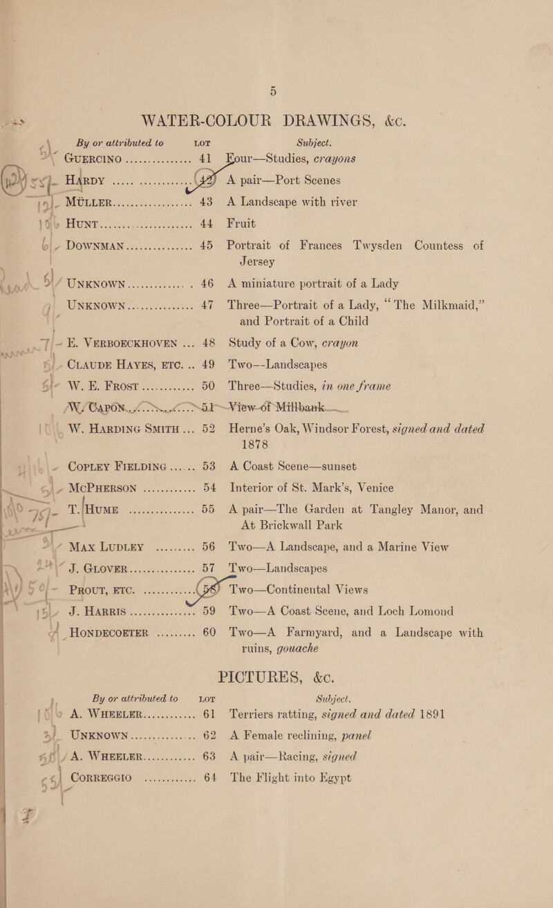  ogy Sa BA GUBRCING ..)... 5200... 4] aly i , her) Me ARDY: eh 14 Pee ULEDR 60s. 43 Pee ONT. og ovens: 44 / gi DOWNMAN...... 00.0055 45 \ } A bad 27 UNKNOWN... . 46 a UNENOWN 2.22. ..cegeis. 47 ___J/- E. VERBOECKHOVEN ... 48 4) CLAUDE Hayes, Ete. .. 49 } mA WeE. PROS 2io6ss..... 50 WM OAPOM SNL ar if. W. HARDING SMITH... 52 . Copley FIELDING ...... 53 ee. thy MCPHERSON ............ 54 Tp nel i : fo f \ : 1/7 Max LUDLEY ......... 56 Bee VY I, GLOven....u:......+.. 57 A \f7 2 ¢ a OU LCRECs oo. ek. pe lot et , fia y J. TUARRIS)... 0000.00.25. 59 | “A HONDECOETER ......... 60 | : I 4 | | . By or attributed to = LOT ifhio A. WHEELER............ 61 UNKNOWN...... eee 62 60\|/A. WHEELER............ 63 ra ¢ | ORREGGION |. csovs ine 64 vy wi ' ee 4   ~ o EKour—NStudies, crayons A pair—Port Scenes A Landscape with river Fruit Portrait of Frances Twysden Countess of Jersey A miniature portrait of a Lady Three—Portrait of a Lady, “The Milkmaid,” and Portrait of a Child Study of a Cow, crayon Two—-Landscapes Three—Studies, 77 one frame Herne’s Oak, Windsor Forest, signed and dated 1878 A Coast Scene—sunset Interior of St. Mark’s, Venice At Brickwall Park Two—A Landscape, and a Marine View Two—Landscapes  Two—Continental Views Two—A Coast Scene, and Loch Lomond Two—A Farmyard, and a Landscape with ruins, gouache Subject. Terriers ratting, signed and dated 1891 A Female reclining, panel A pair—Racing, signed The Flight into Egypt