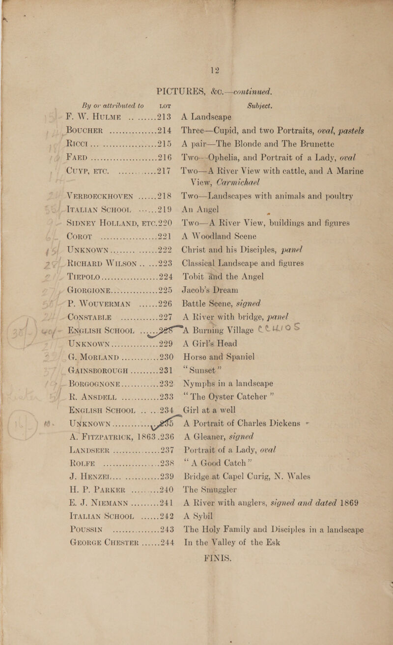    12 By or attributed to LOT BAN SEL ULMER ne teed: 213 BOWCHER 2h. dc cs yee 214 BROOM ecg. pice 8s ees 215 BERTI GS 045s CoO 216 CUPS ETO, care ot VERBOECKHOVEN ...... 218 IT METAN SCHOOL.’ .40.. 219 CORON) Sc hc cl Zou TWMIGNOM EN oo. oe cin s eo oeke 2 RICHARD WILSON .. ... v0 MERE POLO, ane ne o 5 aes 224 GAORGIONE. Ss .5250ha0d 0 225 P. WOUVERMAN ...... 226 CONSTABIR 85 .5..25 abs oF ENGLISH SCHOOL ...... 72 WMENOWN (bie. es 229 GMOREAND...........0. 230 GAINSBOROUGH ......... 201 BORGOGNONE......... 4: 232 R PENSDERE, 8) Givkuae, 233 ENGLISH SCHOOL ...... 234 USEKNOWN fo oo8.uis oD A. FITZPATRICK, 1863 .236 BANDOEER (ence. eae 23% CS Ogee cn © a aera tee 238 J IBN, celta. 239 |e age eg he ee ee 240 K. J. NIEMANN.......... 241 ITALIAN SCHOOL ...... 242 IPOUSSIN UOT ia a 243 GEORGE CHESTER ...... 244 Subject. A Landscape Three—Cupid, and two Portraits, oval, pastels A pair—The Blonde and The Brunette T'wo---Ophelia, and Portrait of a Lady, oval Two—A River View with cattle, and A Marine View, Carmichael Two—Landscapes with animals and poultry An Angel Two—A River View, buildings and figures A Woodland Scene Christ and his Disciples, panel ” Classical Landscape and figures Tobit and the Angel Jacob’s Dream Battle Scene, szgned A River with bridge, panel A Burning Village CCHS S A Girl’s Head Horse and Spaniel “Sunset ” Nymphs in a landscape “The Oyster Catcher ” Girl at a well A Portrait of Charles Dickens = A Gleaner, segned Portrait of a Lady, oval ‘A Good Catch ” Bridge at Capel Curig, N. Wales The Smuggler A River with anglers, scgned and dated 1869 A Sybil The Holy Family and Disciples in a landscape In the Valley of the Esk FINIS.  sheet =