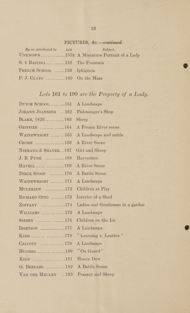 10 By or attributed to LOT Subject. RENENOM IN co wa ct 157E A Miniature Portrait of a Lady iY pASTEDA So. eee 158 The Fountain FRENCH SCHOOL ...... 159 Iphigenia P- J: CLAYS DuTCH SCHOOL... .~ 161 JOHANN JOANSENS ...162 Bisse 1826 2220828 163 CRBRWTN Seas hae 164 WAINEWRIGHT ...... . 165 CROMER. 2.2... 3... 166 NIEMANN &amp; SHAYER...167 Pe ok VN noone 168 PRAYERS, 93-60 eee. shes 169 DinCE SI00P: -...z.: 2. 170 WAINEWRIGHT ......... 171 MULREADY 23 ..s.cks 2s 172 RiCHARD, OTTO: | 2... .25: 173 DOSEANY 32250 C5 174 WW EEEAMS 2753s. 5a 175 Ro) C01L i: ae ere p ee re 176 PPB PION wo Aes oe 177 CORECODE Gioia eon 179 HUGHES: 32.7.5: ates 180 1S 1 ance eae penne os: 181 Gy Bena 72-52 182 VAN DER MEULEN 183 A Landscape Fishmonger’s Shop Sheep A Frozen River scene A Landscape and eattle A River Scene Girl and Sheep Harvesters A River Scene A Battle Scene A Landscape Children at Play Interior of a Shed Ladies and Gentleman in a garden A Landscape Children on the Ice A Landscape A Landseape “On Guard ” Honey Dew A Battle Scene Peasant and Sheep 