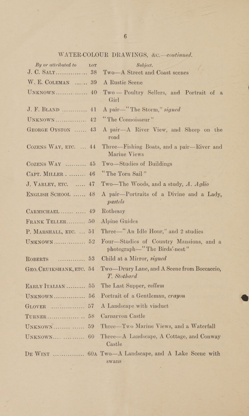 2 TA ORE ee eee Sere, 38 W.E.CoLEMAN ....:. 39 AINENOW NRG. {Se 40 J. ee L AND. core ee Al TENRNOWN). eae ae A), GEORGE OYSTON ...... 43 Cozens W Ay, ETO? .... 44 GOZENS: WAN een wee 45 Capr: MILLER. ......5: 46 oN AREER VOPTCs 2.65 AT ENGLISH SCHOOL ...... 48 CABMICHABL: 2S: 49 PRANK [LEGDRR....2-.4 50 Po MARSHALL, BIO) -= Ol WNENOWN &gt;. 25 Jockos 52 RORWRIS 6. Seas. 53 Gro. CRUIKSHANK, ETC. 54 WARLY ITALTAN:. ..5..5.5 55 UENO WINE ee! wckneetad: 56 GROVER: 02... 5 ige cee. 57 RINGER ssc. ae: “2 28 UINERNOWEN. 2 So es ce 59 TNGEN ONIN. SS eee. 60 TN RNS ce eee Two—A Street and Coast scenes A Rustic Scene Two — Poultry Sellers, and Portrait of a Girl A pair— The Storm,” s¢gned “The Connoisseur ” A pair—A River View, and. Sheep on the road Three—F ishing Boats, and a pair—River and Marine Views Two—Studies of Buildings “The Torn Sail ” Two—The Woods, and a study, A. Agho A pair—Portraits of a Divine and a Lady, pastels Rothesay Alpine Guides Three—* An Idle Hour,” and 2 studies Four—Studies of _Country Mansions, and a photograph—‘‘ The Birds’-nest ” Child at a Mirror, segned Two—Drury Lane, and A Scene from Boccaccio, T’. Stothard The Last Supper, vellum Portrait of a Gentleman, crayon A Landscape with viaduct Carnarvon Castle Three—Two Marine Views, and a Waterfall  Three—A. Landscape, A Cottage, and Conway Castle Swans 