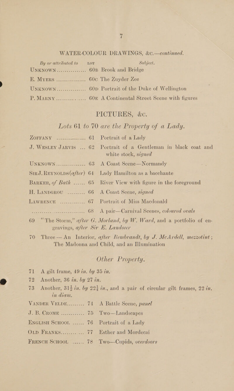 WATER-COLOUR DRAWINGS, &amp;c.—continued. By or attributed to LOT Subject. GN OW Nie. ede: 60B Brook and Bridge Pe NEN PRG 24. knock 60c The Zuyder Zee CENEENOWIN. at okarases 60D Portrait of the Duke of Wellington Pray PREIN Ven a a es ees 60r A Continental Street Scene with figures PICTURES, &amp;c. Lots 61 to 70 are the Property of a Lady. GRIN edits ace es 61 Portrait of a Lady J. WESLEY JARVIS ... 62 Portrait of a Gentleman in black coat and white stock, szgned WNENOWN. 0250. 63 A Coast Scene—Normandy StrJ. Reynoups(after) 64 Lady Hamilton as a bacchante BAKER: of Bath «&lt;&lt;. 65 Ruiver View with figure in the foreground IP HEANDOROU. ol. o Sane. 66 &lt;A Coast Scene, signed FTAWRENCE ..:....:-: ... 67 Portrait of Miss Macdonald 68 &lt;A pair—Carnival Scenes, coloured ovals Coes eesese-seeecesecessesece 69 “The Storm,” after G. Morland, by W. Ward, and a portfolio of en- gravings, after Sir H. Landseer 70 Three— An Interior, after Rembrandt, by J. McArdell, mezzotint ; The Madonna and Child, and an Illumination Other Property. 71 A gilt frame, 49 22. by 35 in. 72 Another, 36 zn. by 27 in. 73 Another, 314 in. by 224 in., and a pair of circular gilt frames, 22 7n. in diam. VANDER VELDE......... 74 &lt;A Battle Scene, panel dD aeROME fo.0552 Saks 75 'T’wo—Landscapes ENGLISH SCHOOL ...... 46 Portrait of a Lady CLE WSNES sli crens 77 + Esther and Mordecai FRENCH SCHOOL ...... 78 Two—Cupids, overdoors