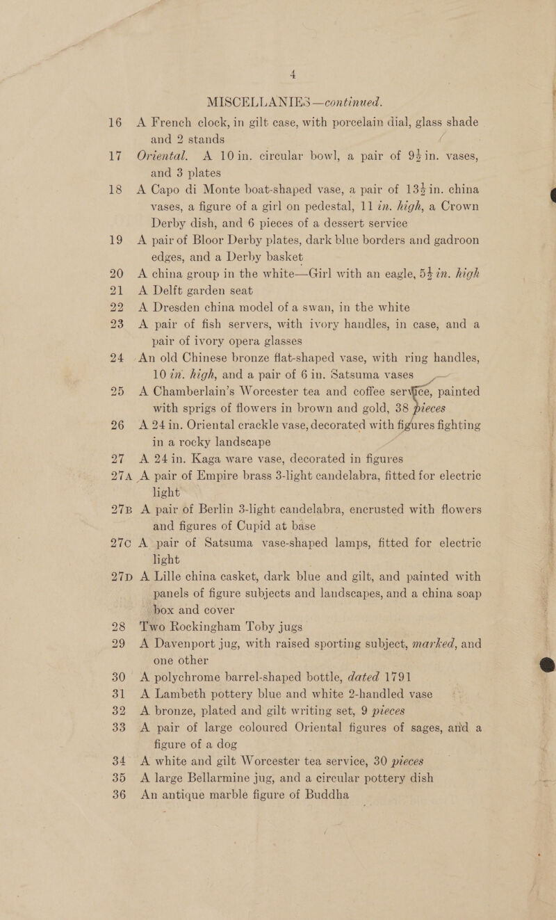 16 17 — co b> bb bt bo Ow dD eRe © A a MISCELLANIES — continued. and 2 stands | Oriental. A 10 in. circular bowl, a pair of 9$in. vases, and 3 plates A Capo di Monte boat-shaped vase, a pair of 13%in. china vases, a figure of a girl on pedestal, 11 7. high, a Crown Derby dish, and 6 pieces of a dessert service A pair of Bloor Derby plates, dark blue borders and gadroon edges, and a Derby basket A china group in the white—Girl with an eagle, 547n. high A Delft garden seat A Dresden china model of a swan, in the white A pair of fish servers, with ivory handles, in case, and a pair of ivory opera glasses An old Chinese bronze flat-shaped vase, with ring handles, 10 in. high, and a pair of 6in. Satsuma vases A Chamberlain’s Worcester tea and coffee serv Ce, painted with sprigs of flowers in brown and gold, 38 preces A 24 in. Oriental crackle vase, decorated with figures fighting in a rocky landscape | A 24in. Kaga ware vase, decorated in figures hight A pair of Berlin 3-light nando. encrusted with flowers and figures of Cupid at base A pair of Satsuma vase-shaped lamps, fitted for aleunese hight A Lille china casket, dark blue and gilt, and painted with panels of figure subjects and landscapes, and a china soap box and cover Two Rockingham Toby jugs A Davenport jug, with raised sporting subject, marked, and one other A polychrome barrel-shaped bottle, dated 1791 A Lambeth pottery blue and white 2-handled vase A. bronze, plated and gilt writing set, 9 pzeces A pair of large coloured Oriental figures of sages, and a figure of a dog A white and gilt Worcester tea service, 30 pieces A large Bellarmine jug, and a circular pottery dish An antique marble figure of Buddha 