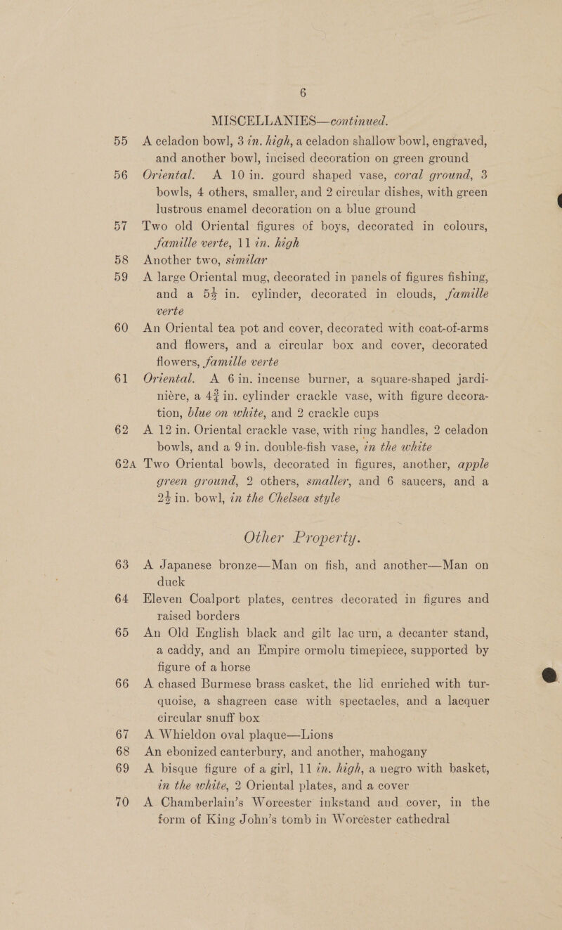 5D 56 57 58 59 60 61 62A 63 64 65 66 67 68 69 70 6 MISCELLANIES—continued. A celadon bowl, 3 7n. high, a celadon shallow bowl, engraved, and another bowl, incised decoration on green ground Oriental. A 10in. gourd shaped vase, coral ground, 3 bowls, 4 others, smaller, and 2 circular dishes, with green lustrous enamel decoration on a blue ground Two old Oriental figures of boys, decorated in colours, Samille verte, 11 in. high Another two, similar A large Oriental mug, decorated in panels of figures fishing, and a 5% in. cylinder, decorated in clouds, famille verte An Oriental tea pot and cover, decorated with coat-of-arms and flowers, and a circular box and cover, decorated flowers, famille verte Oriental. A 6 in. incense burner, a square-shaped jardi- niére, a 4in. cylinder crackle vase, with figure decora- tion, blue on white, and 2 crackle cups A 12 in. Oriental crackle vase, with ring handles, 2 celadon bowls, and a 9 in. double-fish vase, 72 the white Two Oriental bowls, decorated in figures, another, apple green ground, 2 others, smaller, and 6 saucers, and a 24 in. bowl, én the Chelsea style Other Property. A Japanese bronze—Man on fish, and another—Man on duck Eleven Coalport plates, centres decorated in figures and raised borders An Old English black and gilt lac urn, a decanter stand, a caddy, and an Empire ormolu timepiece, supported by figure of a horse A chased Burmese brass casket, the lid enriched with tur- quoise, a shagreen case with spectacles, and a lacquer circular snuff box: A Whieldon oval plaque—Lions An ebonized canterbury, and another, mahogany A bisque figure of a girl, 11 im. high, a negro with basket, in the white, 2 Oriental plates, and a cover A Chamberlain’s Worcester inkstand avd cover, in the form of King John’s tomb in Worcester cathedral