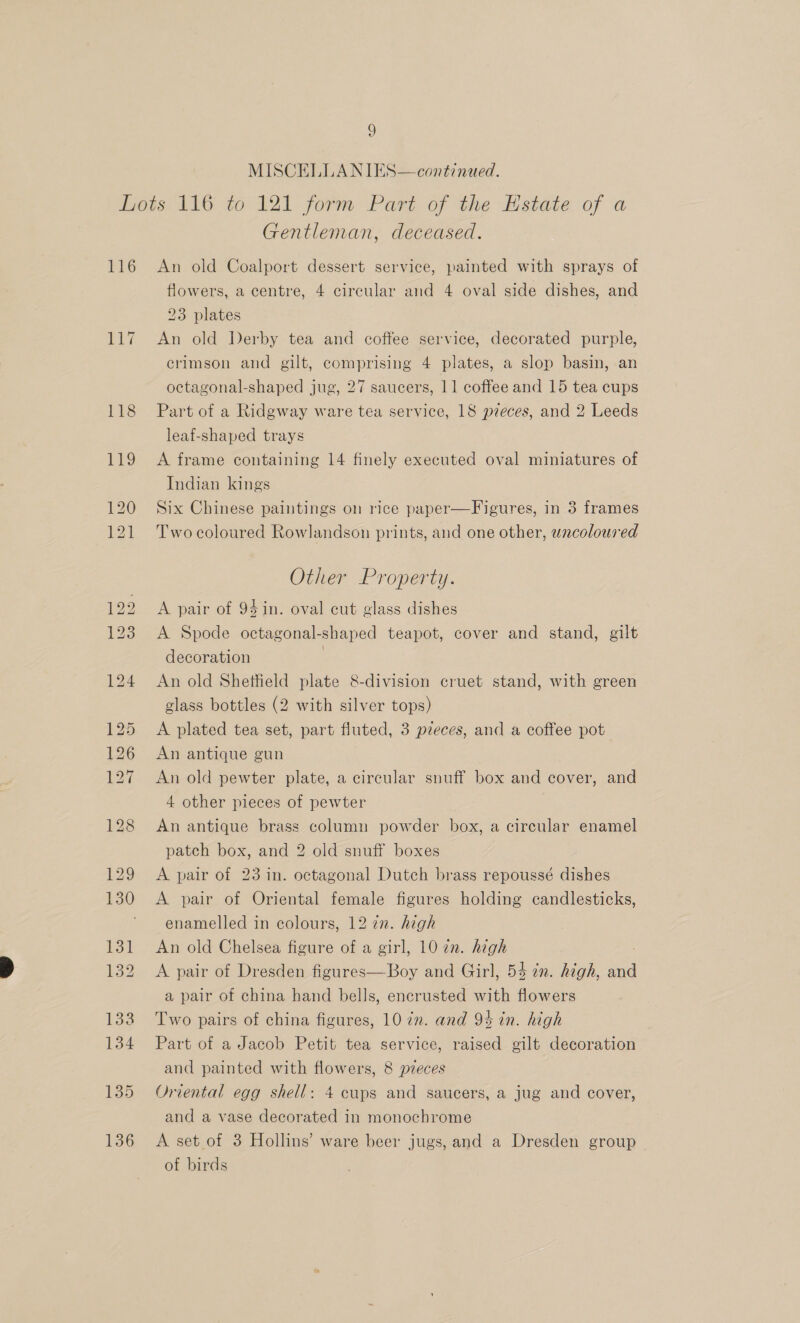 MISCELLANIES—continued. 116 Gentleman, deceased. An old Coalport dessert service, painted with sprays of flowers, a centre, 4 circular and 4 oval side dishes, and 23 plates An old Derby tea and coffee service, decorated purple, erimson and gilt, comprising 4 plates, a slop basin, an octagonal-shaped jug, 27 saucers, 11 coffee and 15 tea cups Part of a Ridgway ware tea service, 18 pieces, and 2 Leeds leaf-shaped trays A frame containing 14 finely executed oval miniatures of Indian kings Six Chinese paintings on rice paper—Figures, in 3 frames Two coloured Rowlandson prints, and one other, wncoloured Other Property. A pair of 94in. oval cut glass dishes A Spode octagonal-shaped teapot, cover and stand, gilt decoration : An old Shettield plate &amp;-division cruet stand, with green glass bottles (2 with silver tops) A plated tea set, part fluted, 3 pieces, and a coffee pot An antique gun An old pewter plate, a circular snuff box and cover, and 4 other pieces of pewter An antique brass column powder box, a circular enamel patch box, and 2 old snuff boxes A pair of 23 in. octagonal Dutch brass repoussé dishes A pair of Oriental female figures holding candlesticks, enamelled in colours, 12 72. high An old Chelsea figure of a girl, 10 in. high A pair of Dresden figures—Boy and Girl, 54 7m. high, and a pair of china hand bells, encrusted with flowers Two pairs of china figures, 10 zn. and 94 in. high Part of a Jacob Petit tea service, raised gilt decoration and painted with flowers, 8 pieces Oriental egg shell: 4 cups and saucers, a jug and cover, and a vase decorated in monochrome A set of 3 Hollins’ ware beer jugs, and a Dresden group of birds