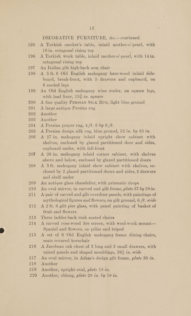 195 196 — Hm CO 13 DECORATIVE FURNITURE, &amp;c.—continued. A Turkish smoker’s table, inlaid mother-o’-pearl, with 16 in. octagonal rising top A Turkish work table, inlaid mother-o’-pearl, with 14 in. octagonal rising top An Italian gilt high-back arm chair A 5ft.6 Old English mahogany hare-wood inlaid Side- board, break-front, with 5 drawers and cupboard, on 6 reeded legs An Old English mahogany wine cooler, on square legs, with lead liner, 15% 7m. square A fine quality PERSIAN SILK Rue, light blue ground A large antique Persian rug Another Another A Persian prayer rug, 4,/t. 6 by 6 ft. A Persian design silk rug, blue ground, 52 in. by 85 in. A 27 in. mahogany inlaid upright show cabinet with shelves, enclosed by glazed partitioned door and sides, cupboard under, with fall-front A 26 in. mahogany inlaid corner cabinet, with shelves above and below, enclosed by glazed partitioned doors A 3 ft. mahogany inlaid show cabinet with shelves, en- closed by 2 glazed partitioned doors and sides, 2 drawers and shelf under An antique glass chandelier, with prismatic drops An oval mirror, in carved and gilt frame, plate 37 by 28%in. A pair of carved and gilt overdoor panels, with paintings of mythological figures and flowers, on gilt ground, 6 /¢. wide A 2 ft. 6 gilt pier glass, with panel painting of basket of fruit and flowers Three ladder-back rush seated chairs Spaniel and flowers, on pillar and tripod A set of 6 Old English mahogany frame dining chairs, seats covered horsehair A Jacobean oak chest of 3 long and 3 small drawers, with raised panels and shaped mouldings, 39% in. wide — An oval mirror, in Adam’s design gilt frame, plate 30 in. Another Another, upright oval, plate 18 in. Another, oblong, plate 28 in. by 18 in.