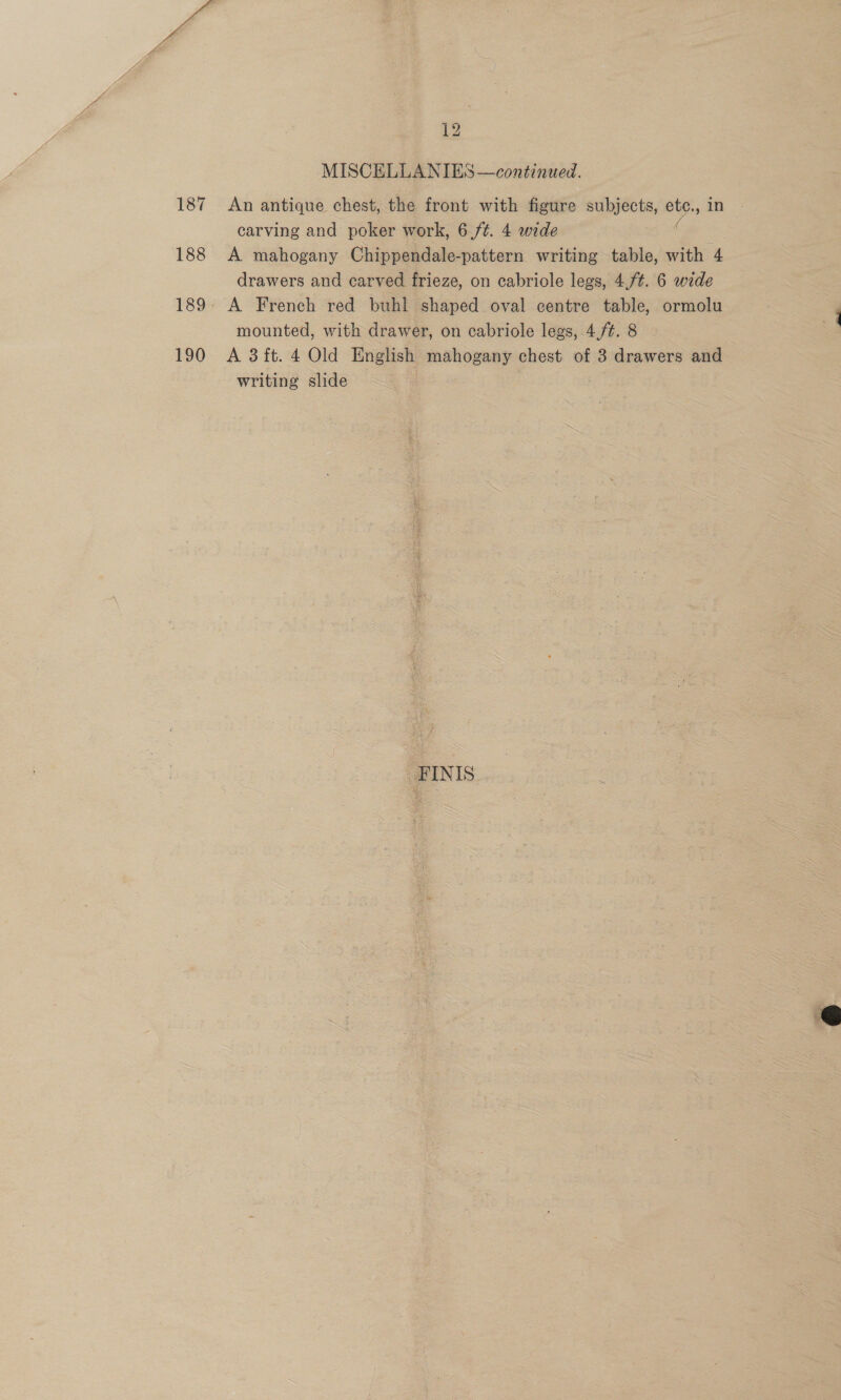 MISCELLANIES—continued. 187 An antique chest, the front with figure SUWcln ne ts in carving and poker work, 6,/¢. 4 wide 188 A mahogany Chippendale-pattern writing table, with 4 drawers and carved frieze, on cabriocle legs, 4.7%. 6 wide 189: A French red buhl shaped oval centre table, ormolu mounted, with drawer, on cabriole legs, 4/¢. 8 190 <A 3ft. 4 Old English mahogany chest of 3 drawers and writing slide FINIS i 
